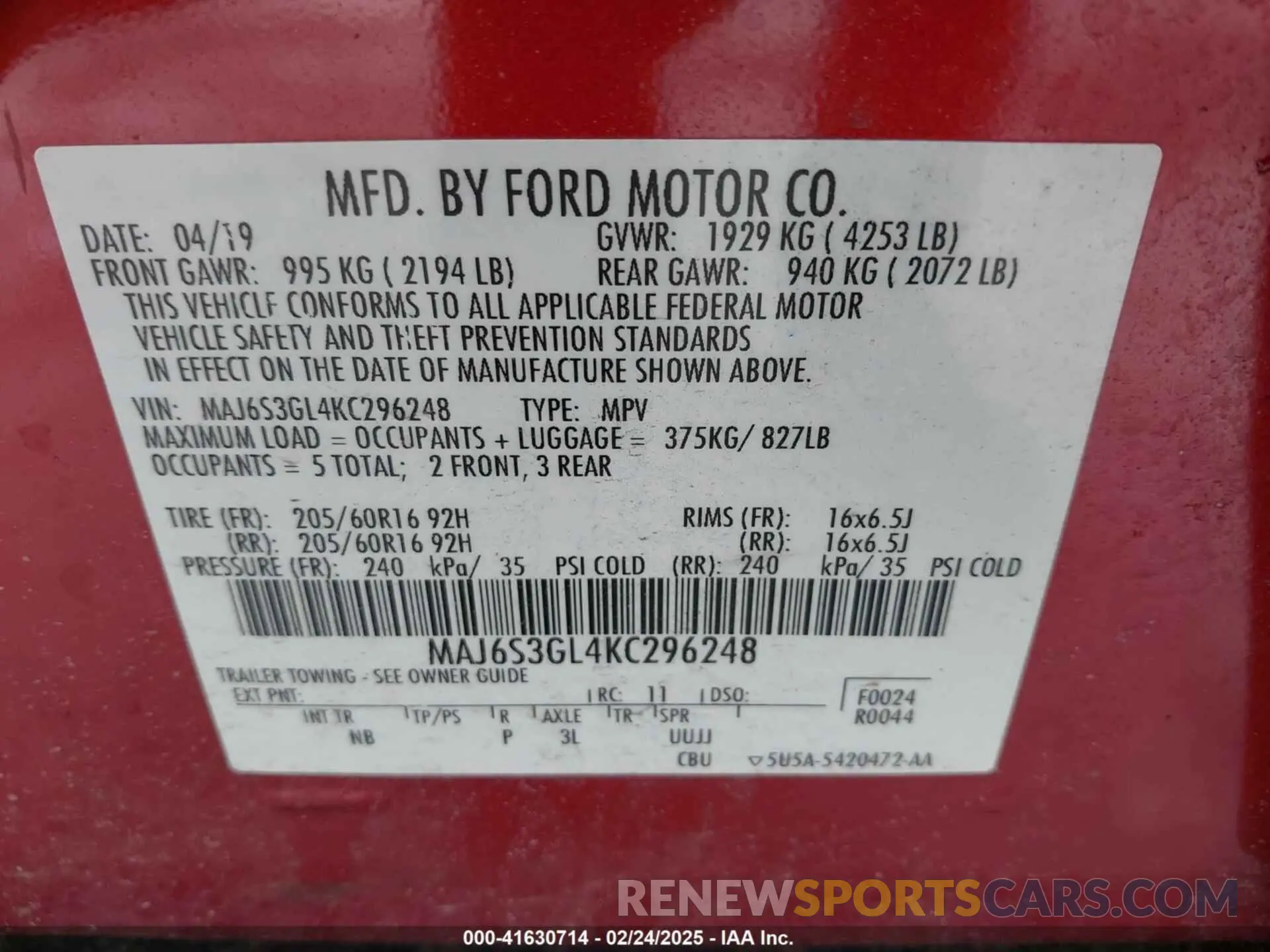 9 fotografías del automóvil dañado MAJ6S3GL4KC296248 FORD ECOSPORT 2019