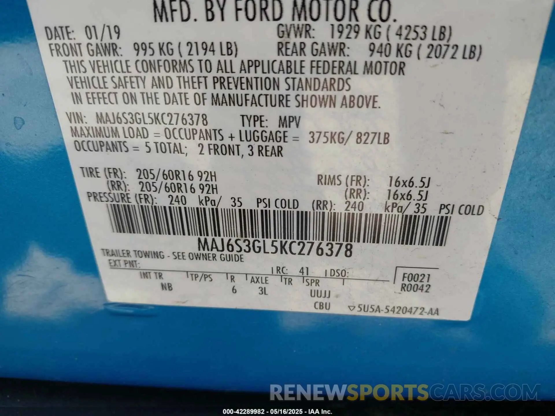 9 fotografías del automóvil dañado MAJ6S3GL5KC276378 FORD ECOSPORT 2019