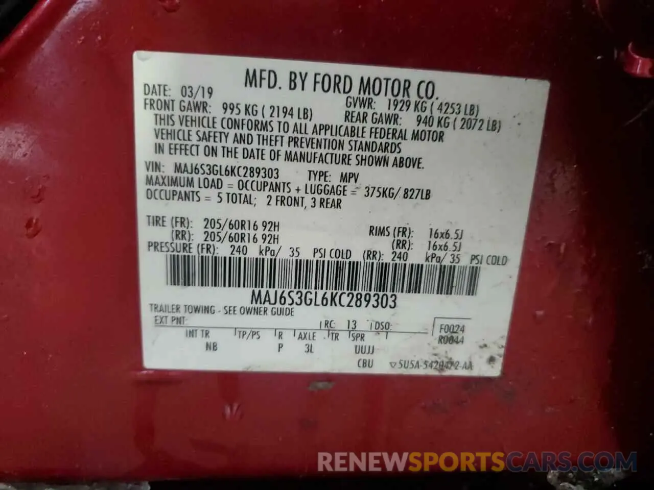 13 fotografías del automóvil dañado MAJ6S3GL6KC289303 FORD ECOSPORT 2019