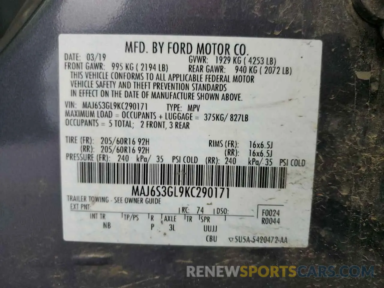 12 fotografías del automóvil dañado MAJ6S3GL9KC290171 FORD ECOSPORT 2019