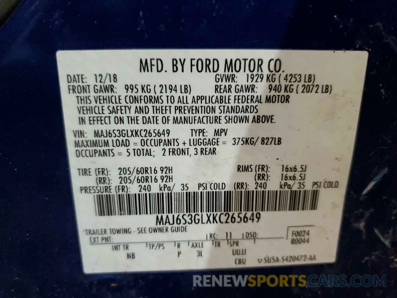 14 fotografías del automóvil dañado MAJ6S3GLXKC265649 FORD ECOSPORT 2019