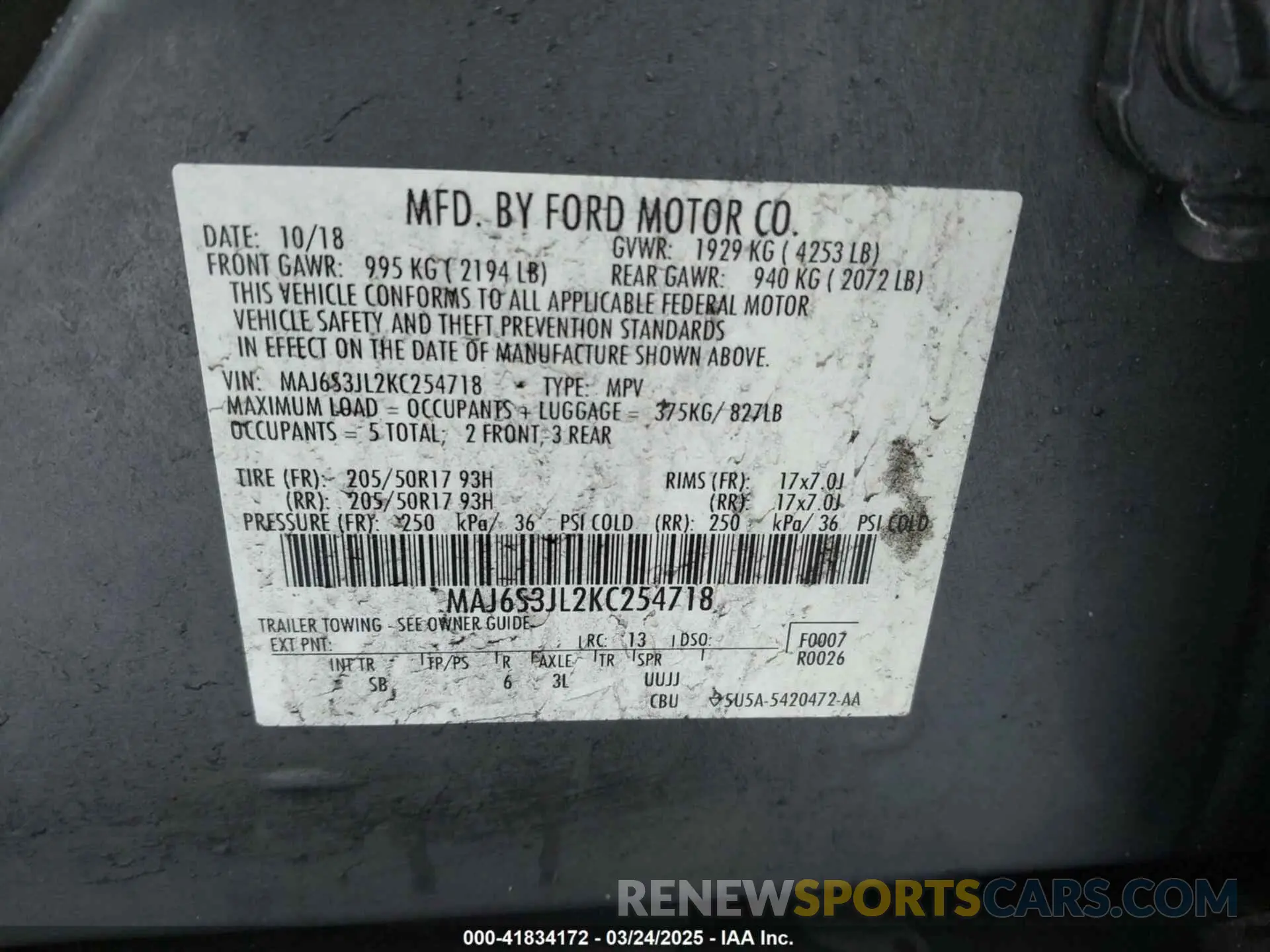 9 fotografías del automóvil dañado MAJ6S3JL2KC254718 FORD ECOSPORT 2019