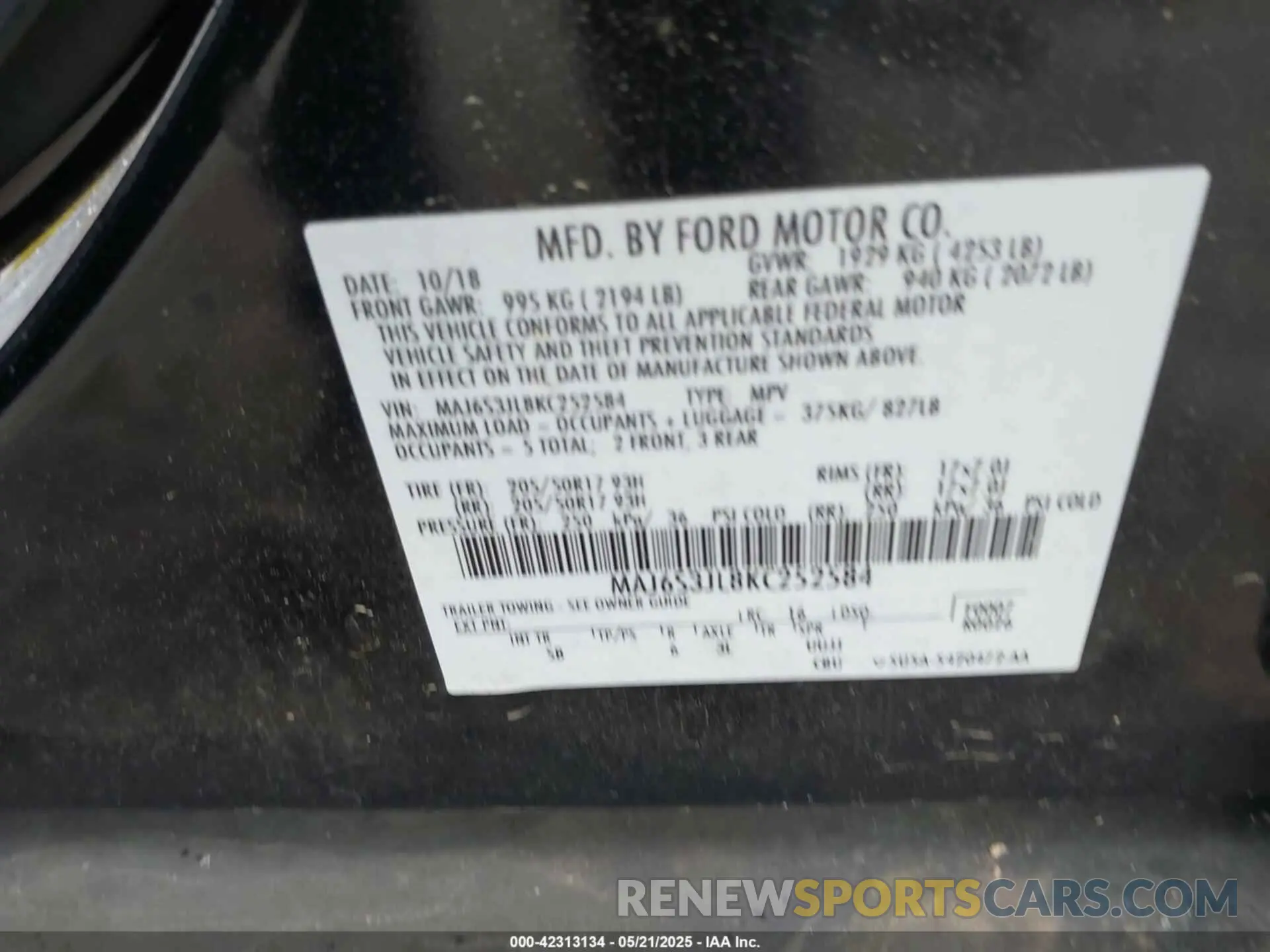 9 fotografías del automóvil dañado MAJ6S3JL8KC252584 FORD ECOSPORT 2019