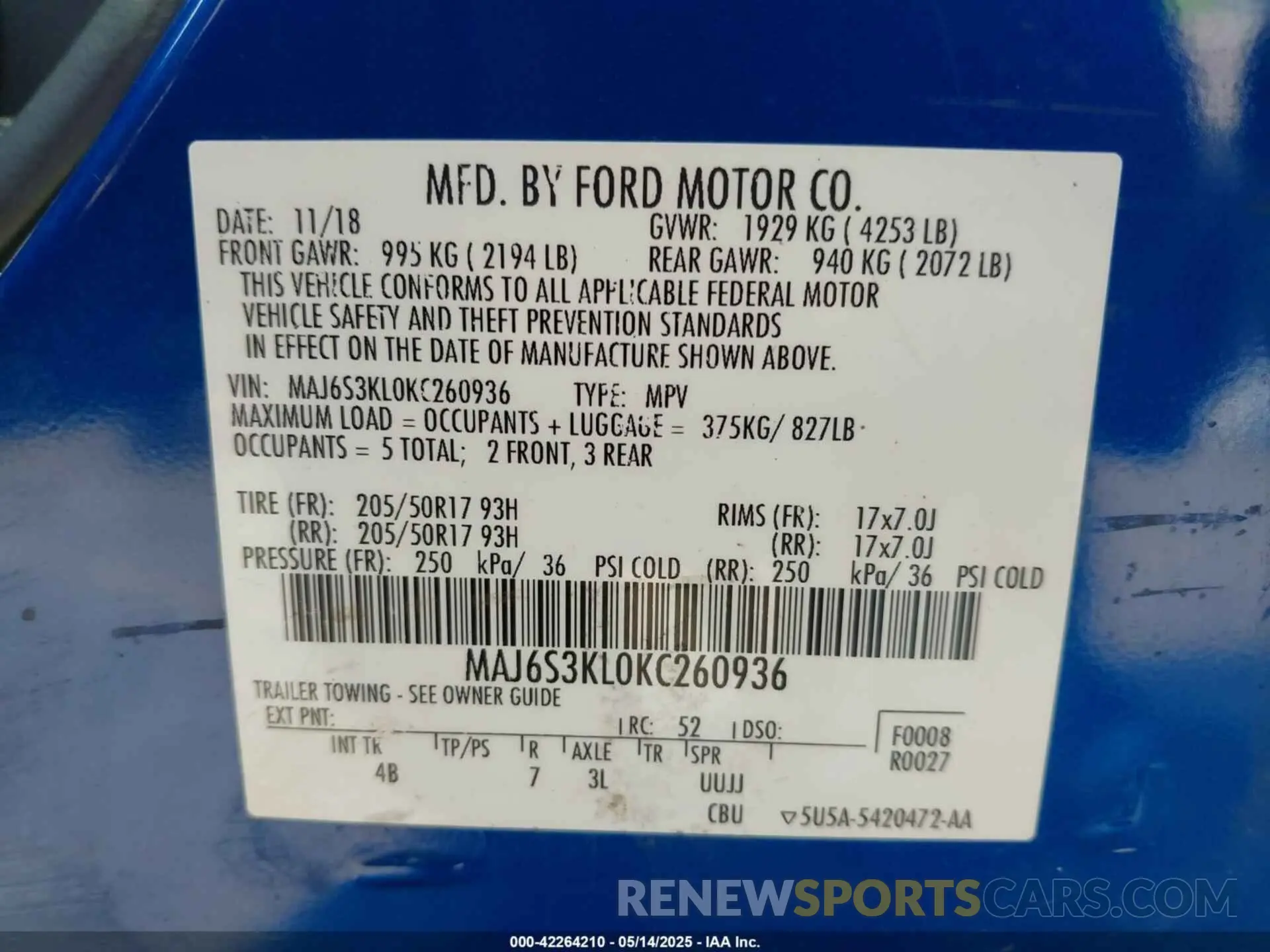 9 fotografías del automóvil dañado MAJ6S3KL0KC260936 FORD ECOSPORT 2019