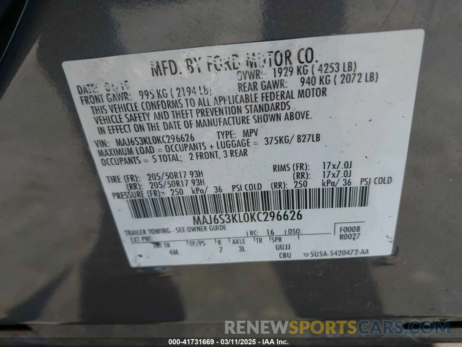 9 fotografías del automóvil dañado MAJ6S3KL0KC296626 FORD ECOSPORT 2019