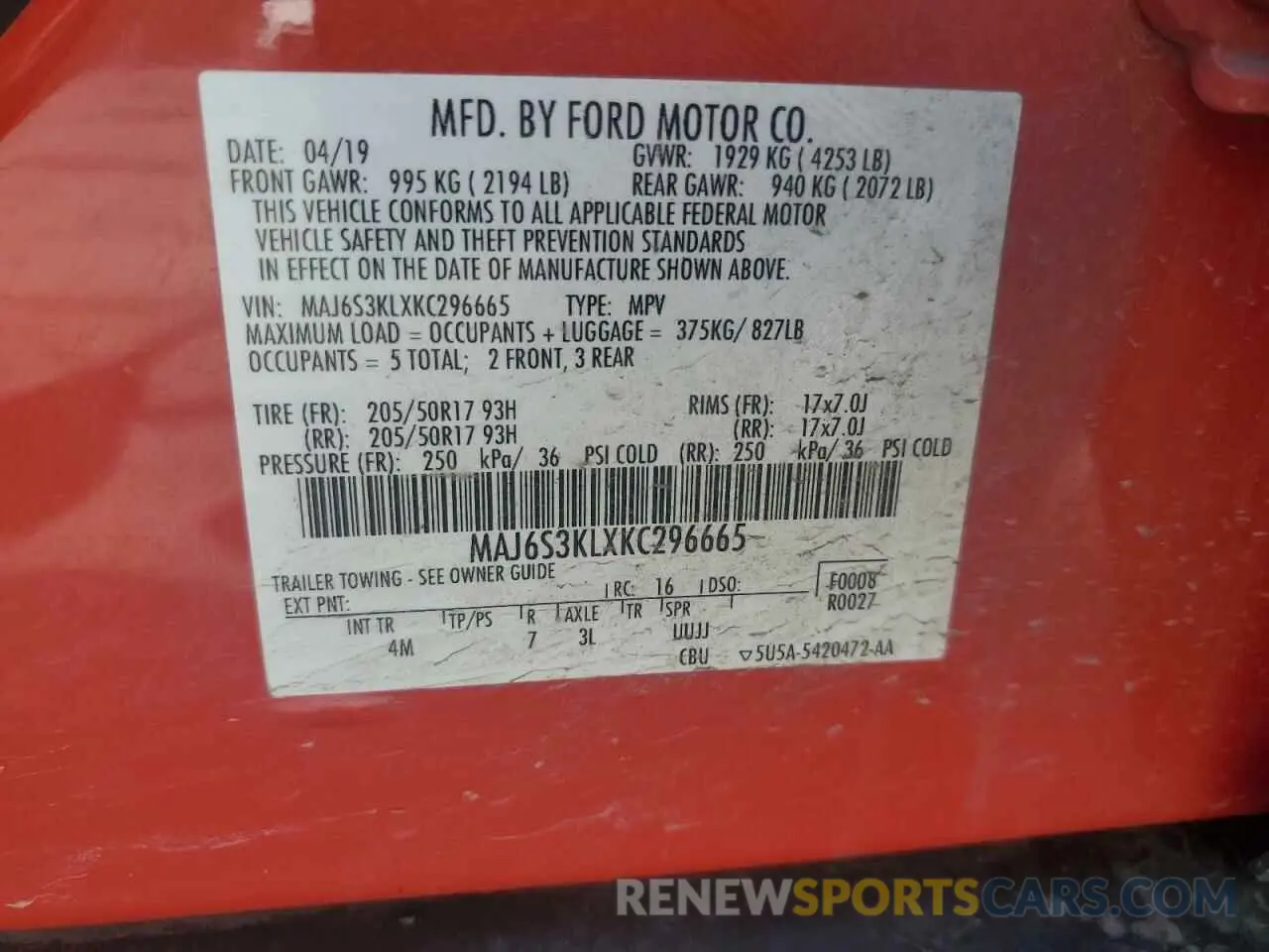 13 fotografías del automóvil dañado MAJ6S3KLXKC296665 FORD ECOSPORT 2019