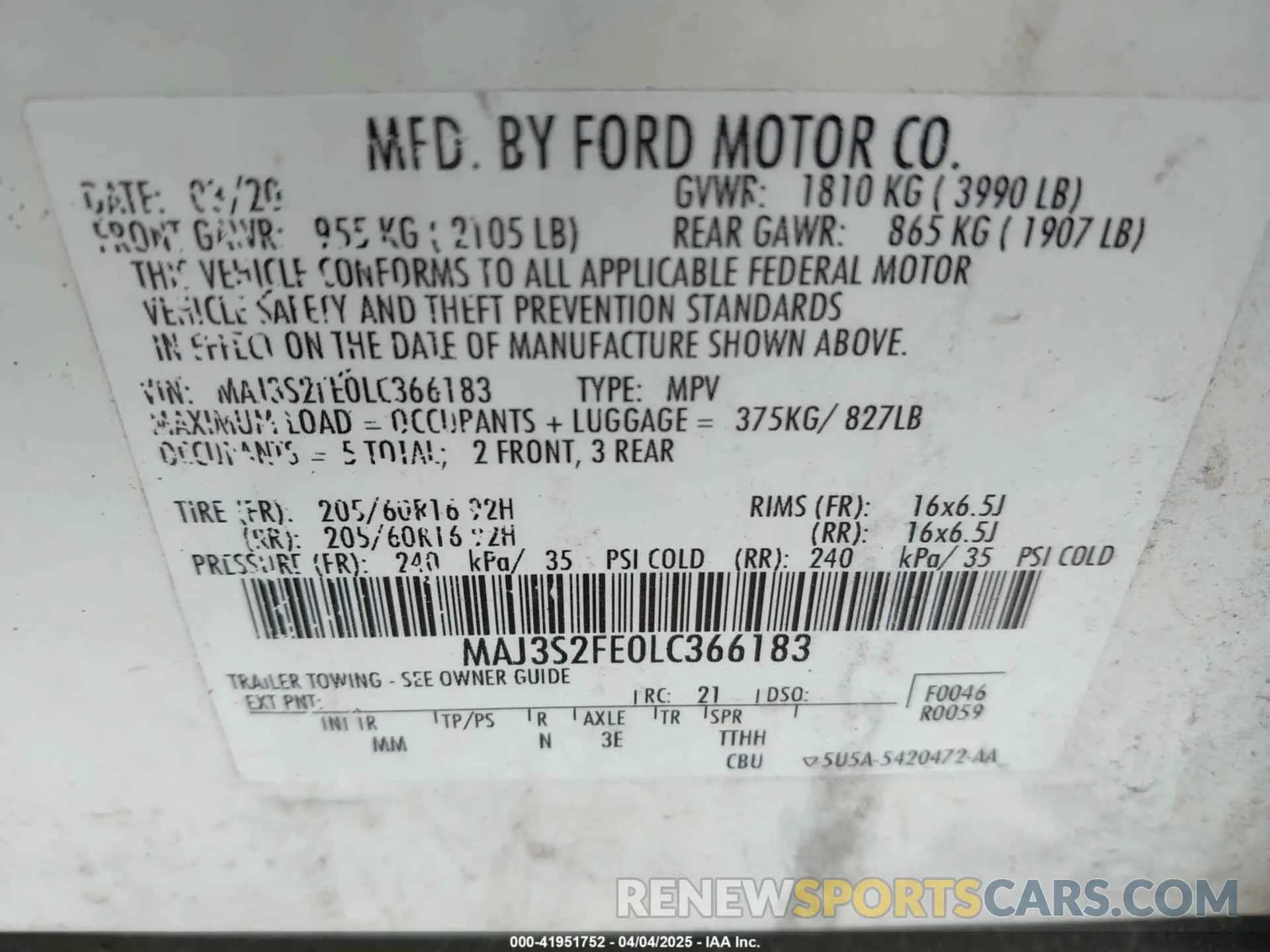 9 fotografías del automóvil dañado MAJ3S2FE0LC366183 FORD ECOSPORT 2020