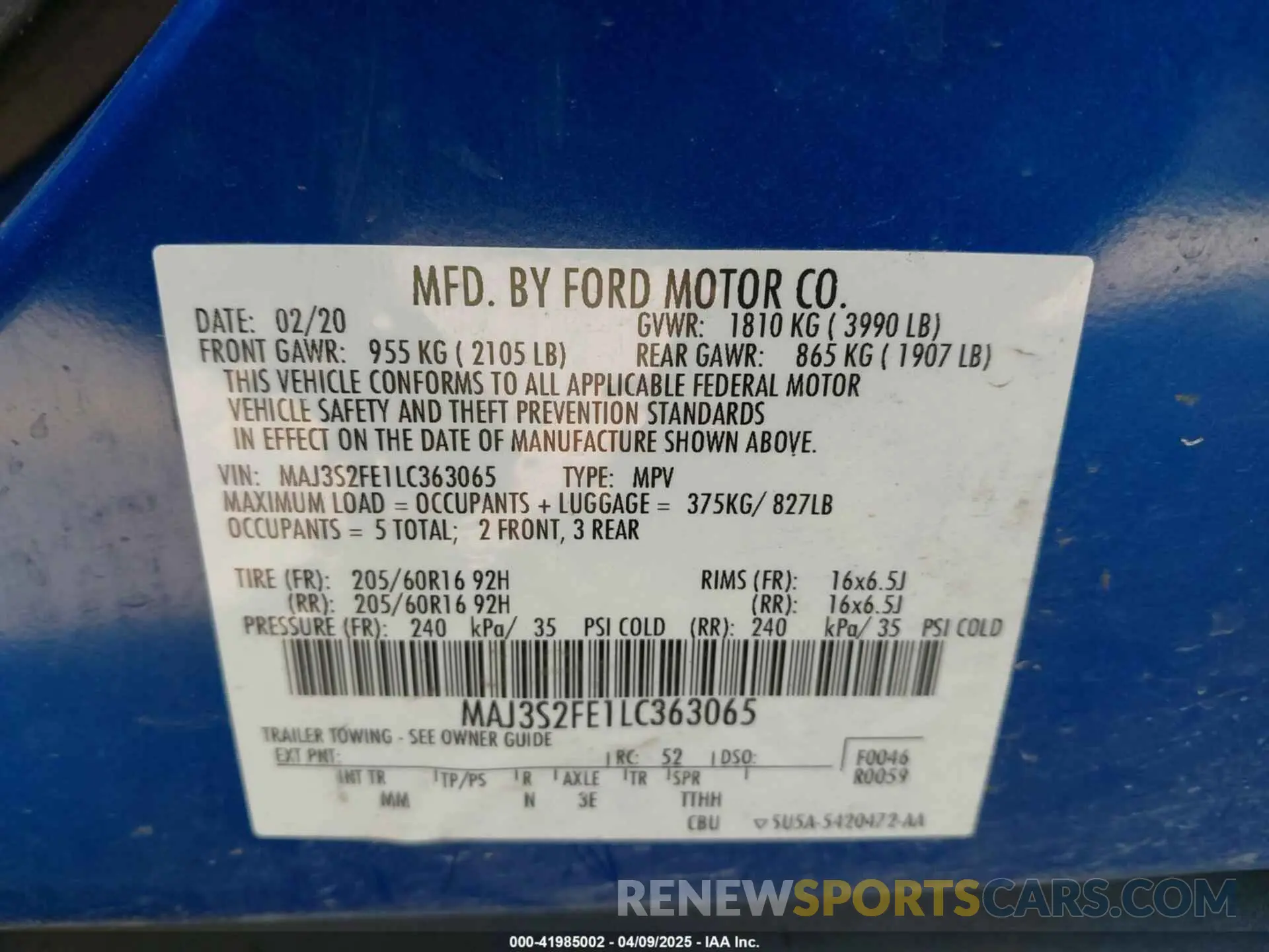 9 fotografías del automóvil dañado MAJ3S2FE1LC363065 FORD ECOSPORT 2020