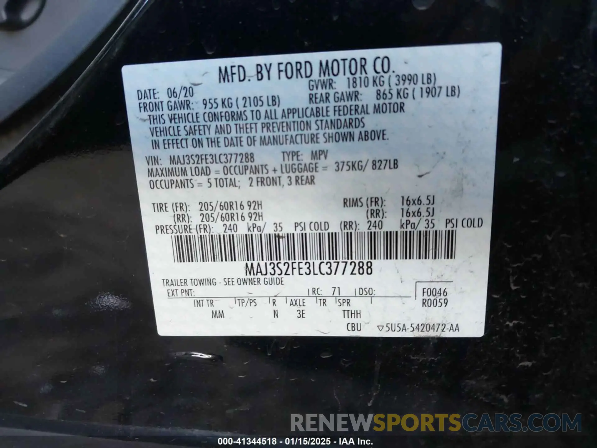 9 fotografías del automóvil dañado MAJ3S2FE3LC377288 FORD ECOSPORT 2020