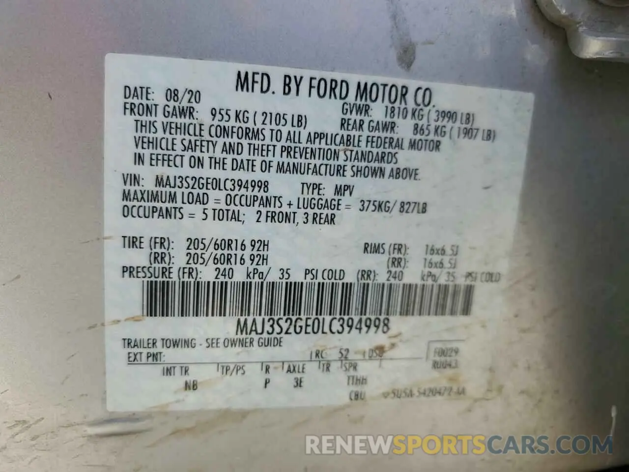16 fotografías del automóvil dañado MAJ3S2GE0LC394998 FORD ECOSPORT 2020