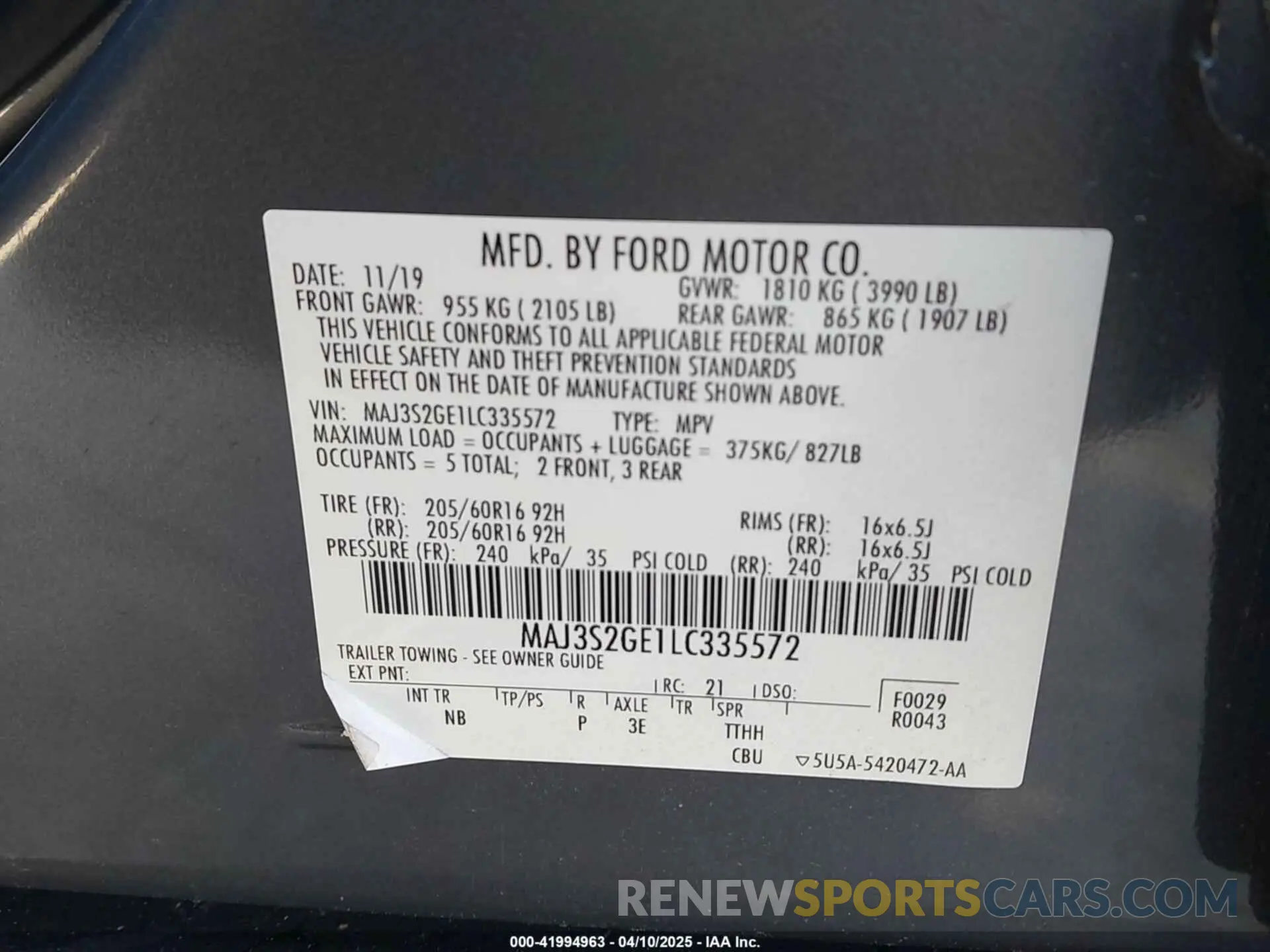 9 fotografías del automóvil dañado MAJ3S2GE1LC335572 FORD ECOSPORT 2020