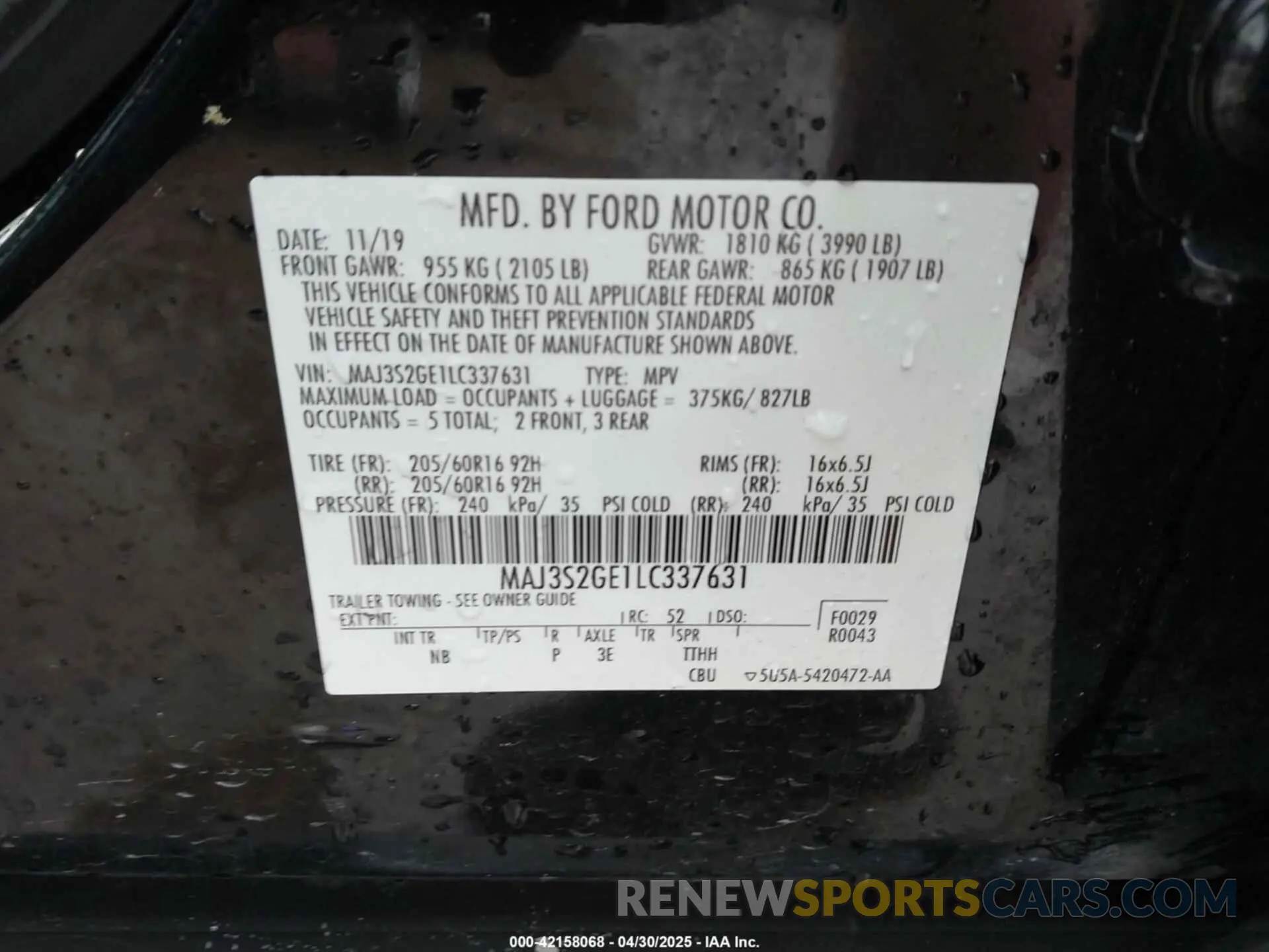9 fotografías del automóvil dañado MAJ3S2GE1LC337631 FORD ECOSPORT 2020