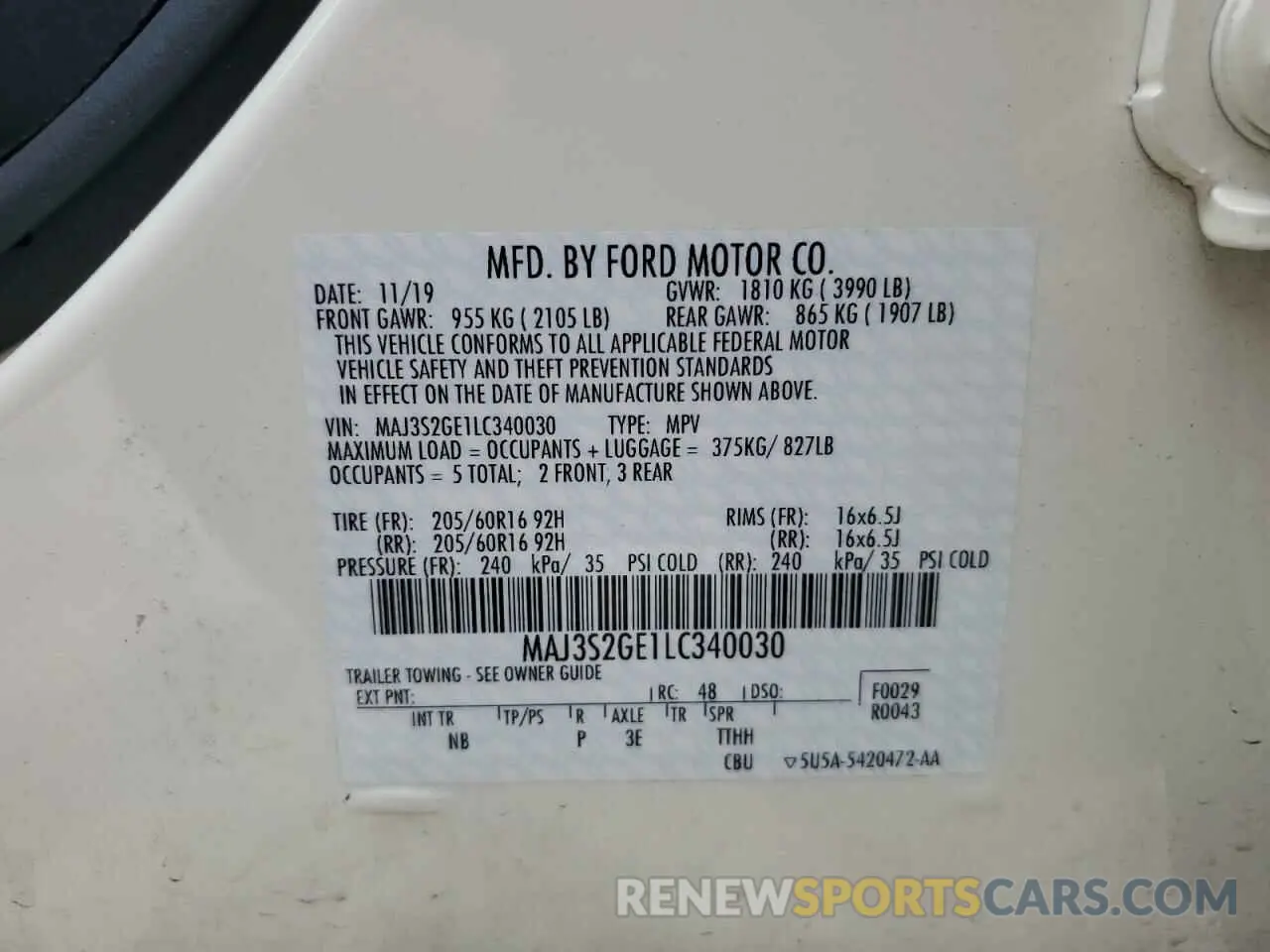 13 fotografías del automóvil dañado MAJ3S2GE1LC340030 FORD ECOSPORT 2020