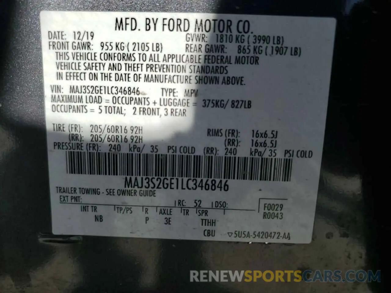 13 fotografías del automóvil dañado MAJ3S2GE1LC346846 FORD ECOSPORT 2020
