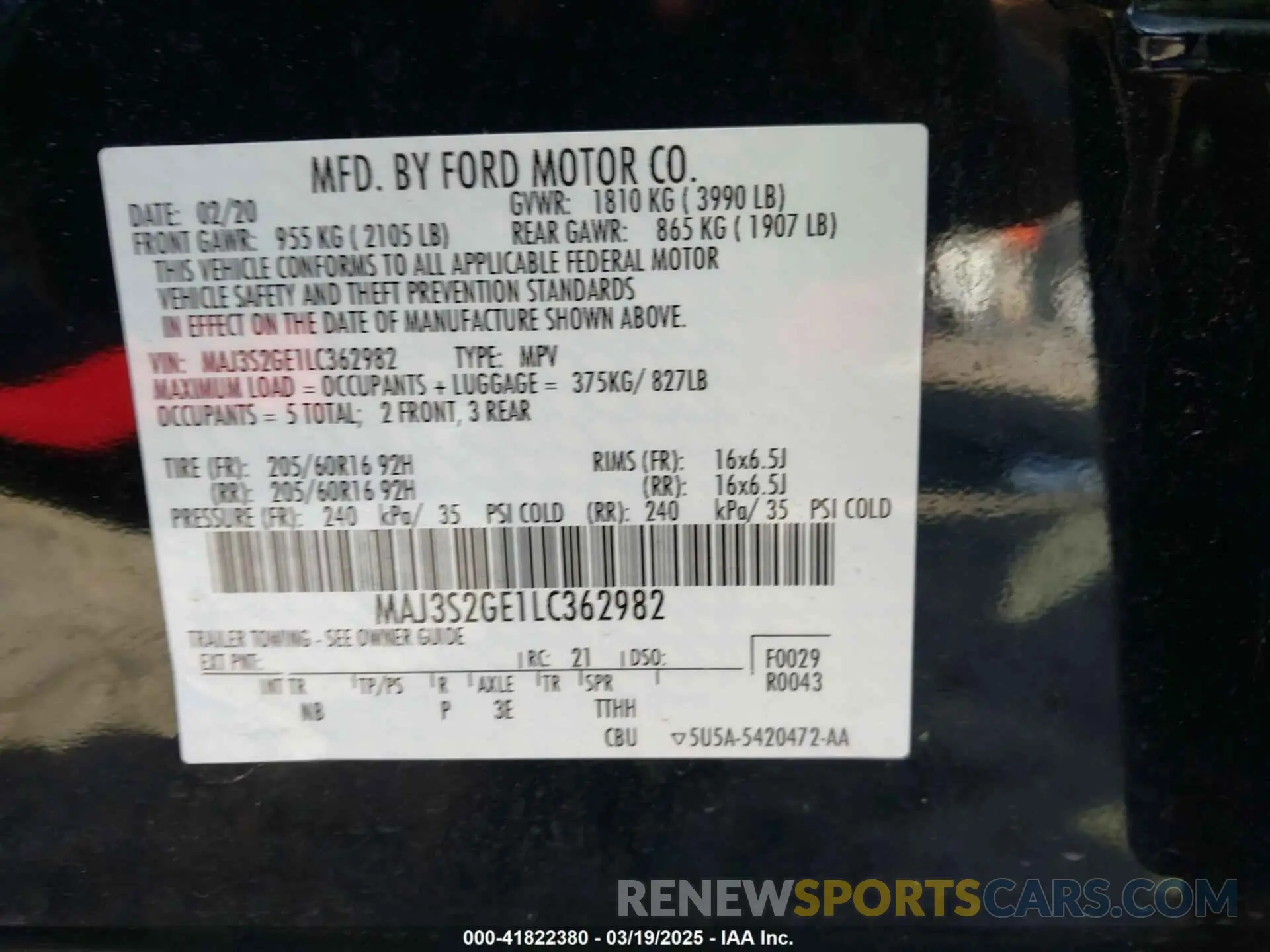 9 fotografías del automóvil dañado MAJ3S2GE1LC362982 FORD ECOSPORT 2020