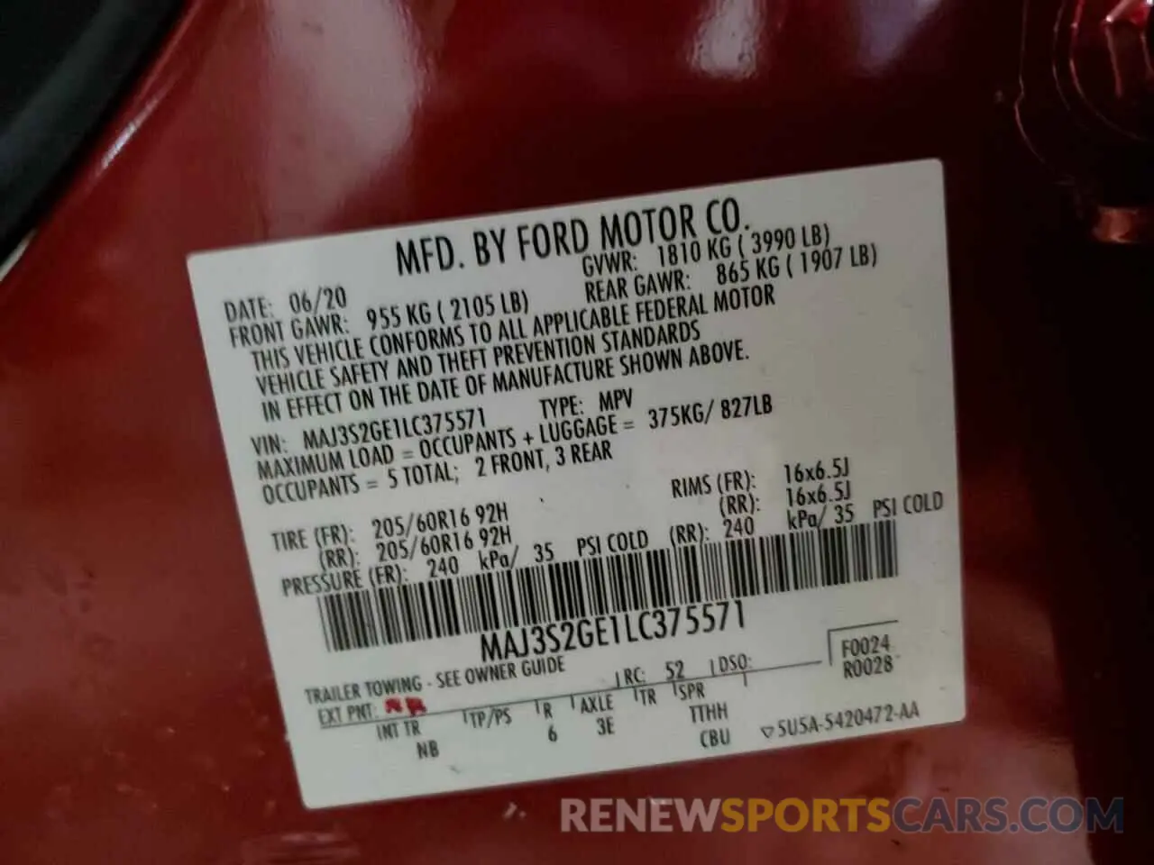 14 fotografías del automóvil dañado MAJ3S2GE1LC375571 FORD ECOSPORT 2020
