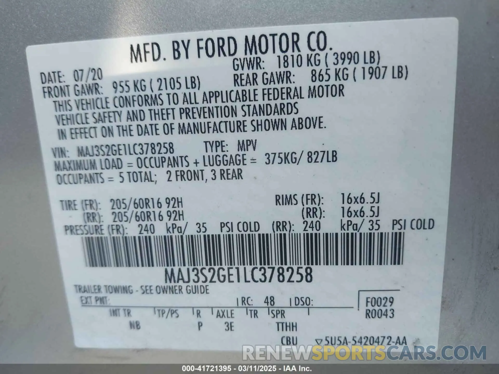 9 fotografías del automóvil dañado MAJ3S2GE1LC378258 FORD ECOSPORT 2020