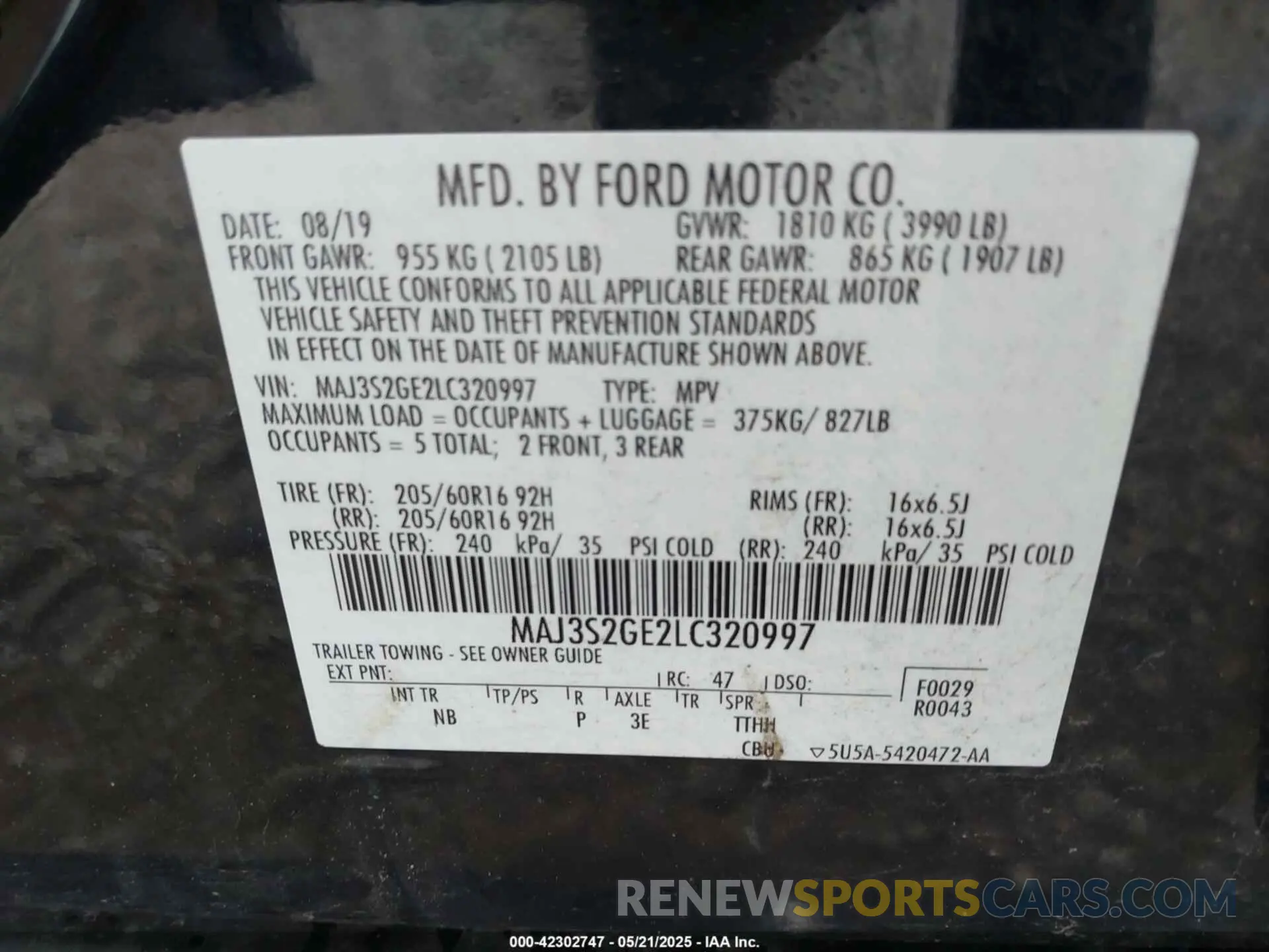 9 fotografías del automóvil dañado MAJ3S2GE2LC320997 FORD ECOSPORT 2020