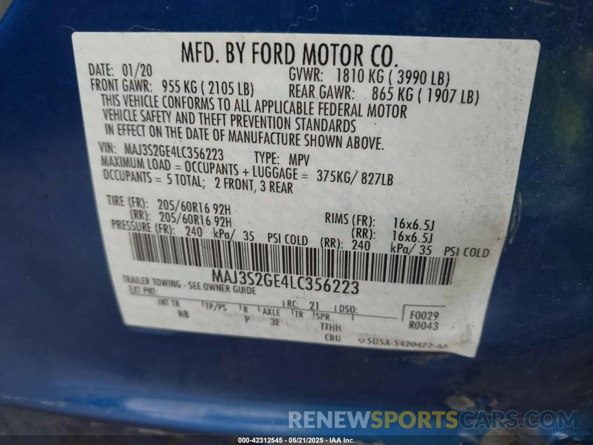 9 fotografías del automóvil dañado MAJ3S2GE4LC356223 FORD ECOSPORT 2020