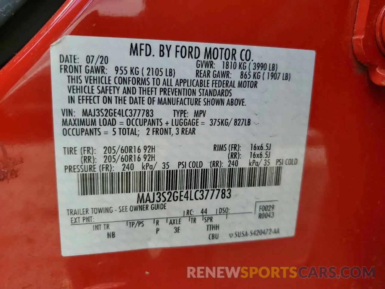 15 fotografías del automóvil dañado MAJ3S2GE4LC377783 FORD ECOSPORT 2020