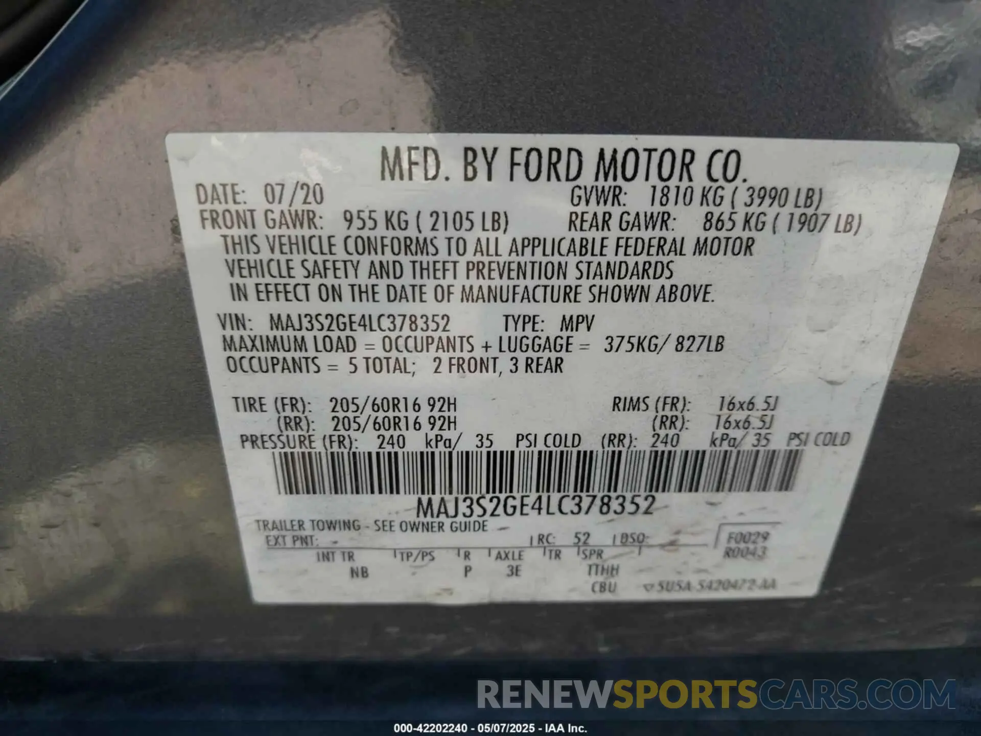 9 fotografías del automóvil dañado MAJ3S2GE4LC378352 FORD ECOSPORT 2020