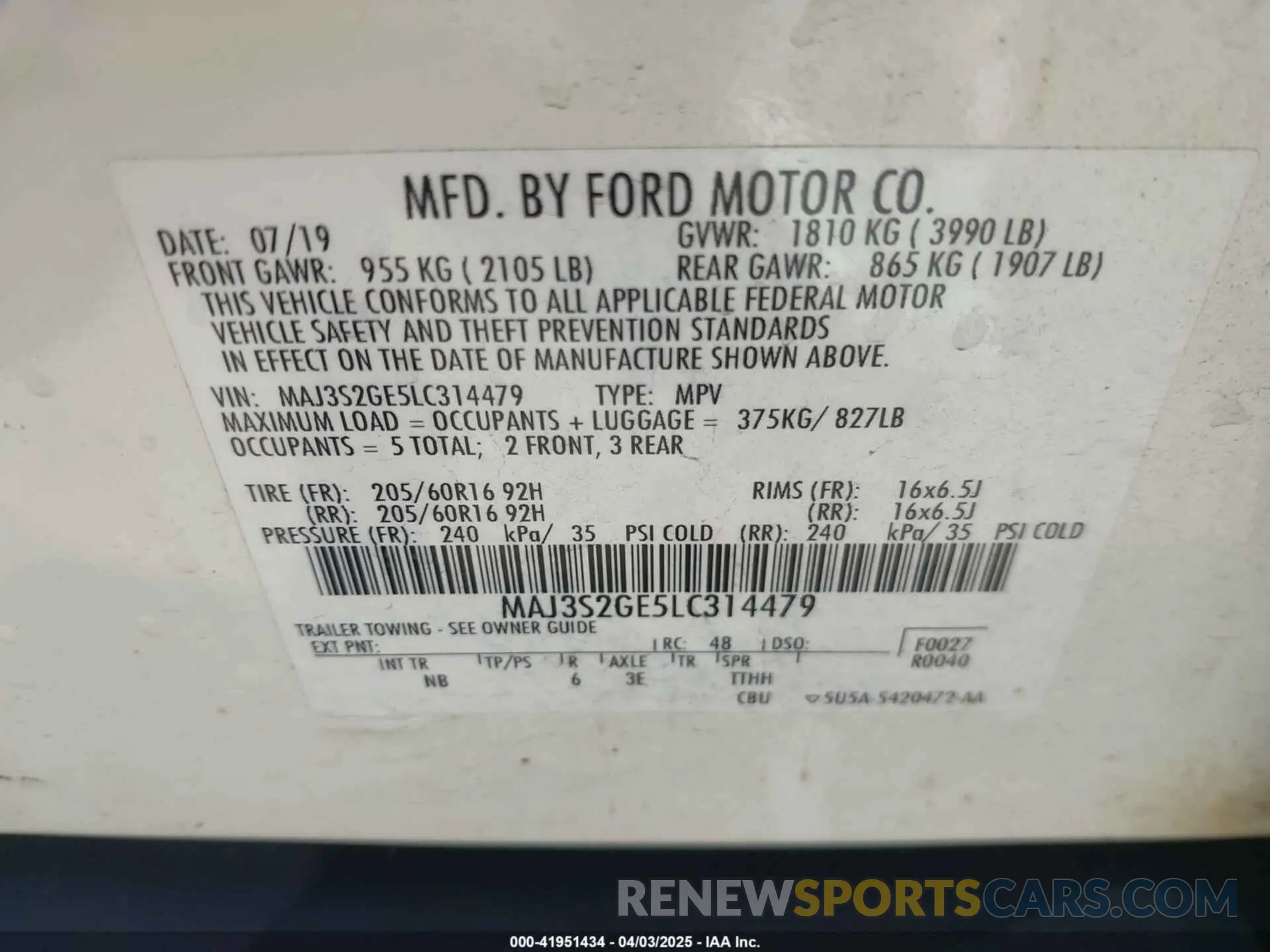 9 fotografías del automóvil dañado MAJ3S2GE5LC314479 FORD ECOSPORT 2020