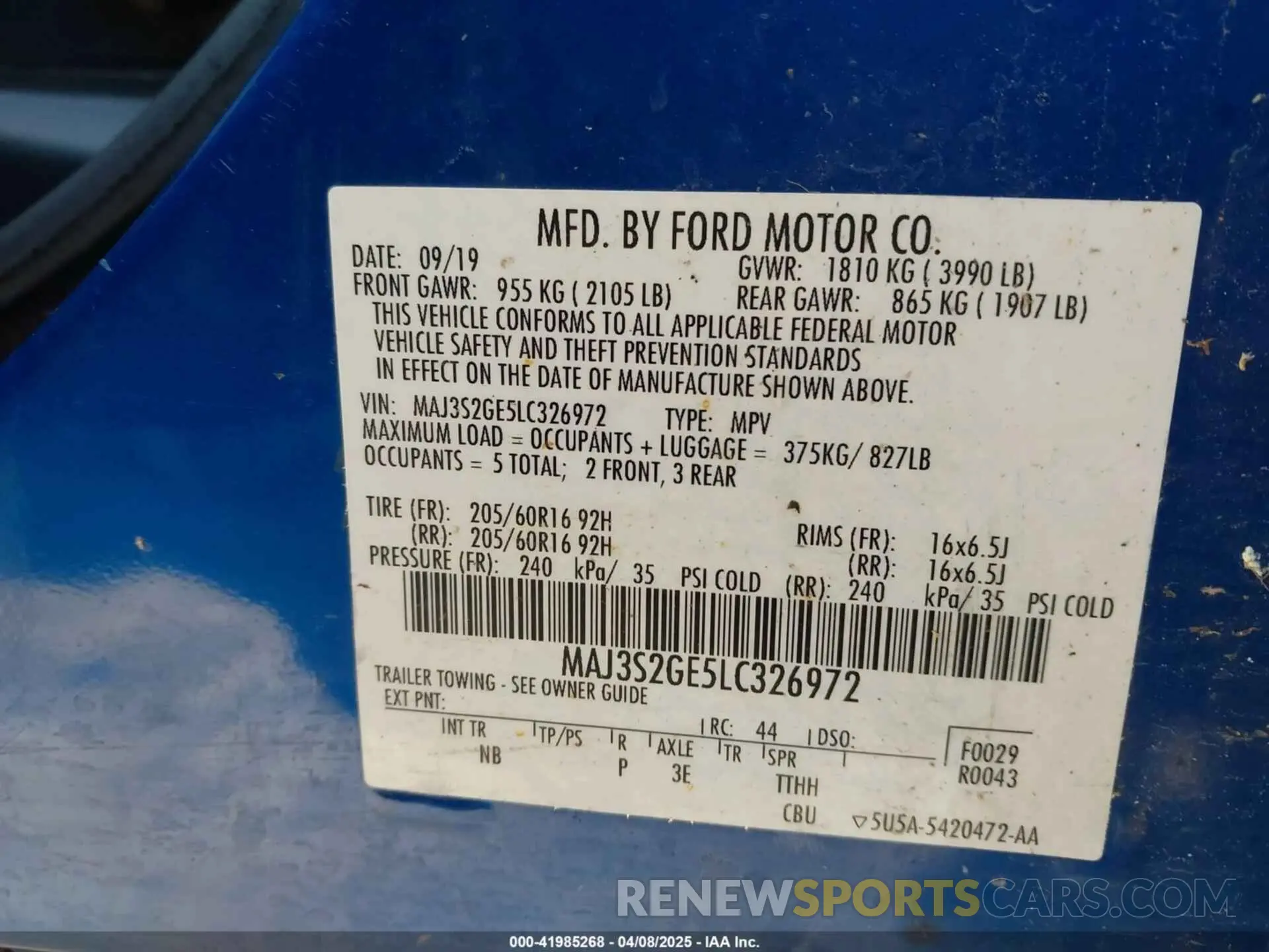 9 fotografías del automóvil dañado MAJ3S2GE5LC326972 FORD ECOSPORT 2020