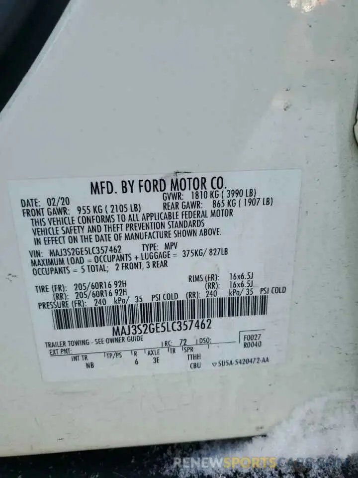 14 fotografías del automóvil dañado MAJ3S2GE5LC357462 FORD ECOSPORT 2020