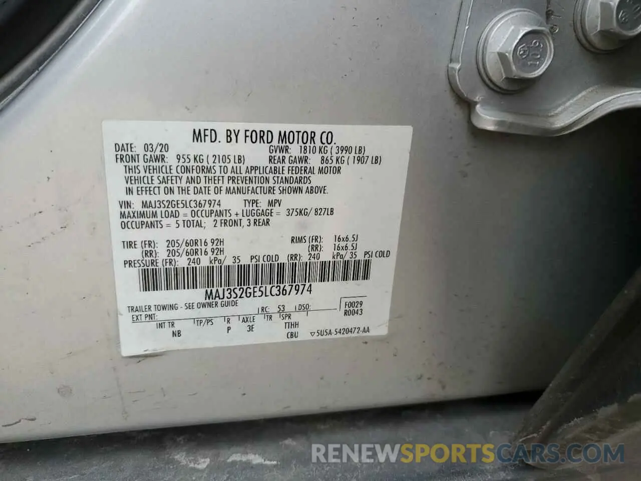 16 fotografías del automóvil dañado MAJ3S2GE5LC367974 FORD ECOSPORT 2020