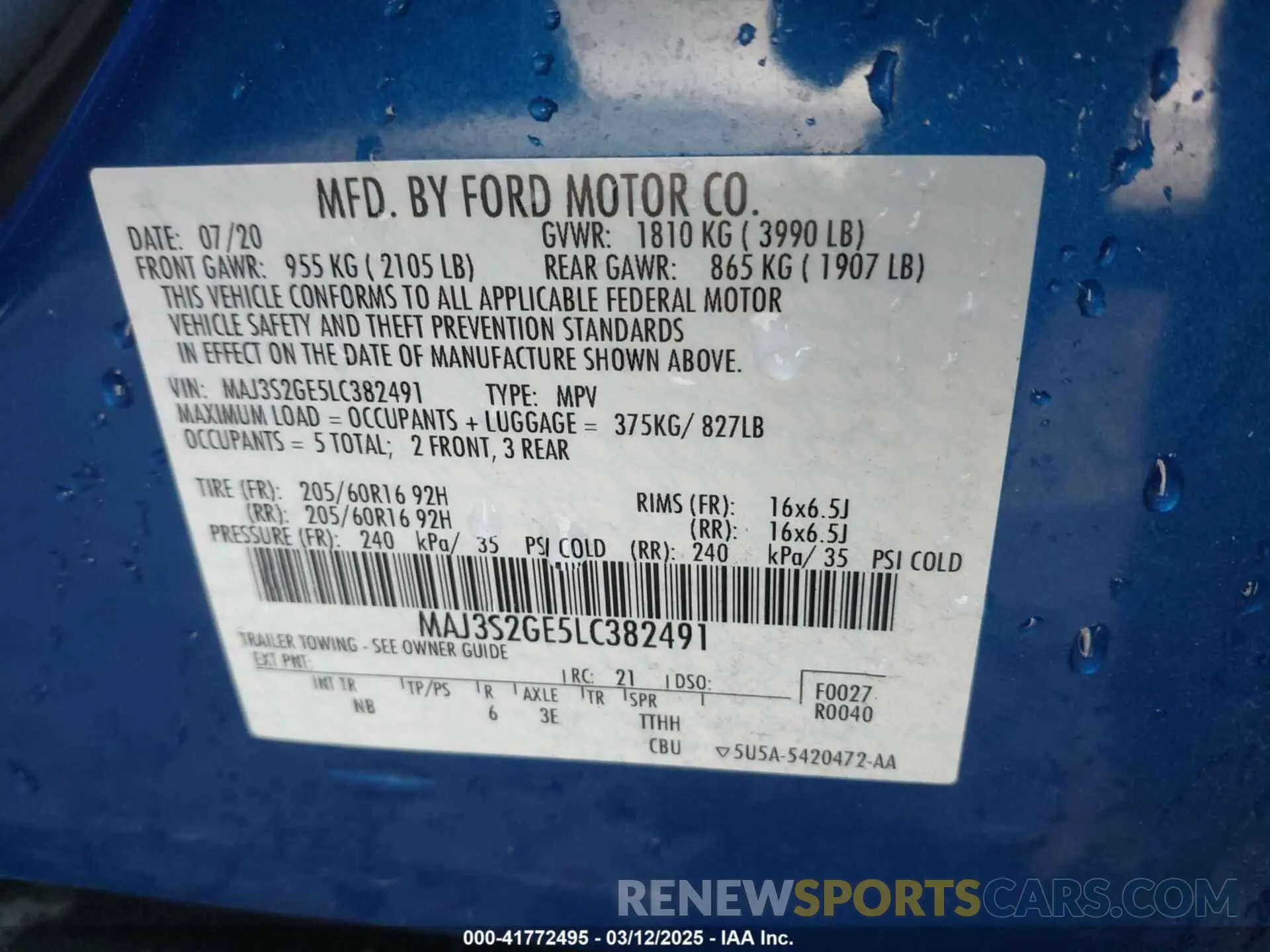 9 fotografías del automóvil dañado MAJ3S2GE5LC382491 FORD ECOSPORT 2020