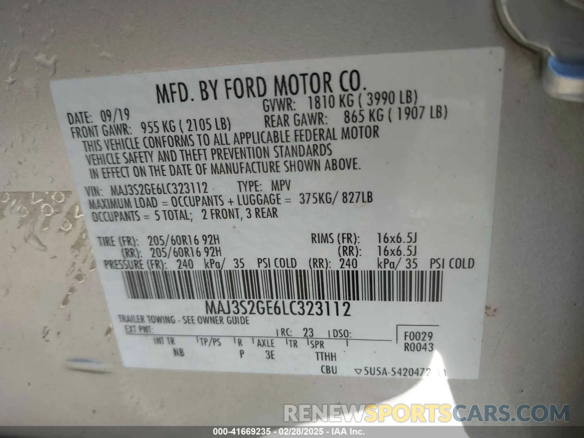 9 fotografías del automóvil dañado MAJ3S2GE6LC323112 FORD ECOSPORT 2020