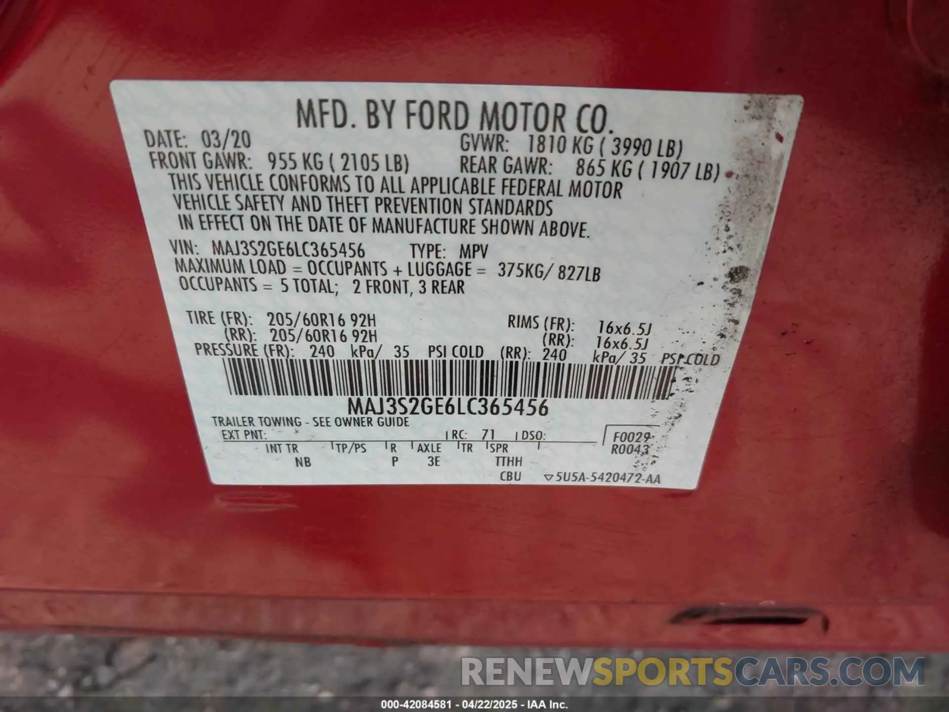 9 fotografías del automóvil dañado MAJ3S2GE6LC365456 FORD ECOSPORT 2020