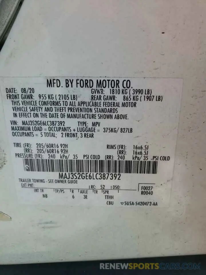 13 fotografías del automóvil dañado MAJ3S2GE6LC387392 FORD ECOSPORT 2020