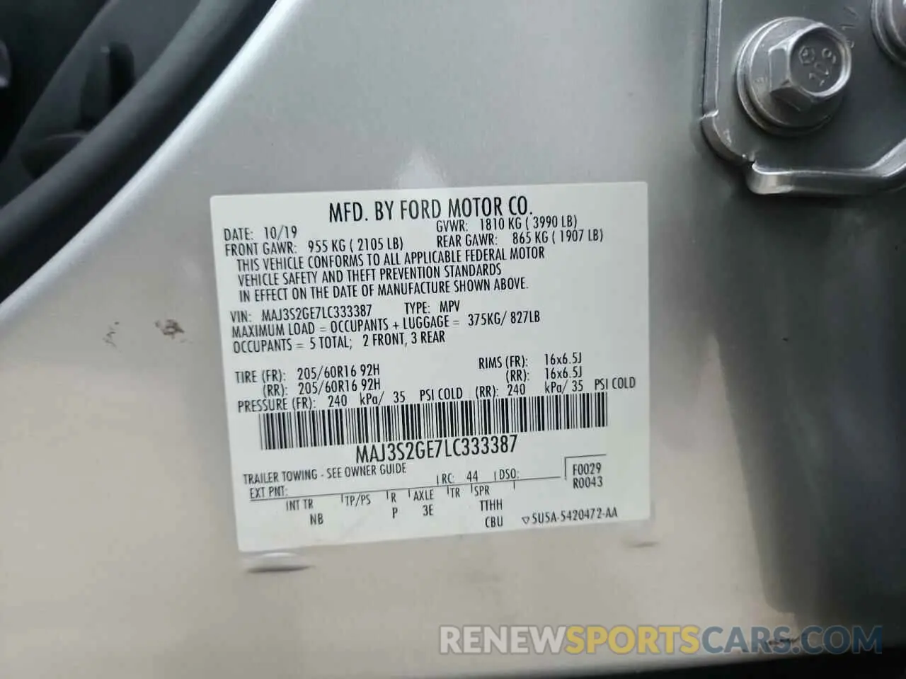 10 fotografías del automóvil dañado MAJ3S2GE7LC333387 FORD ECOSPORT 2020
