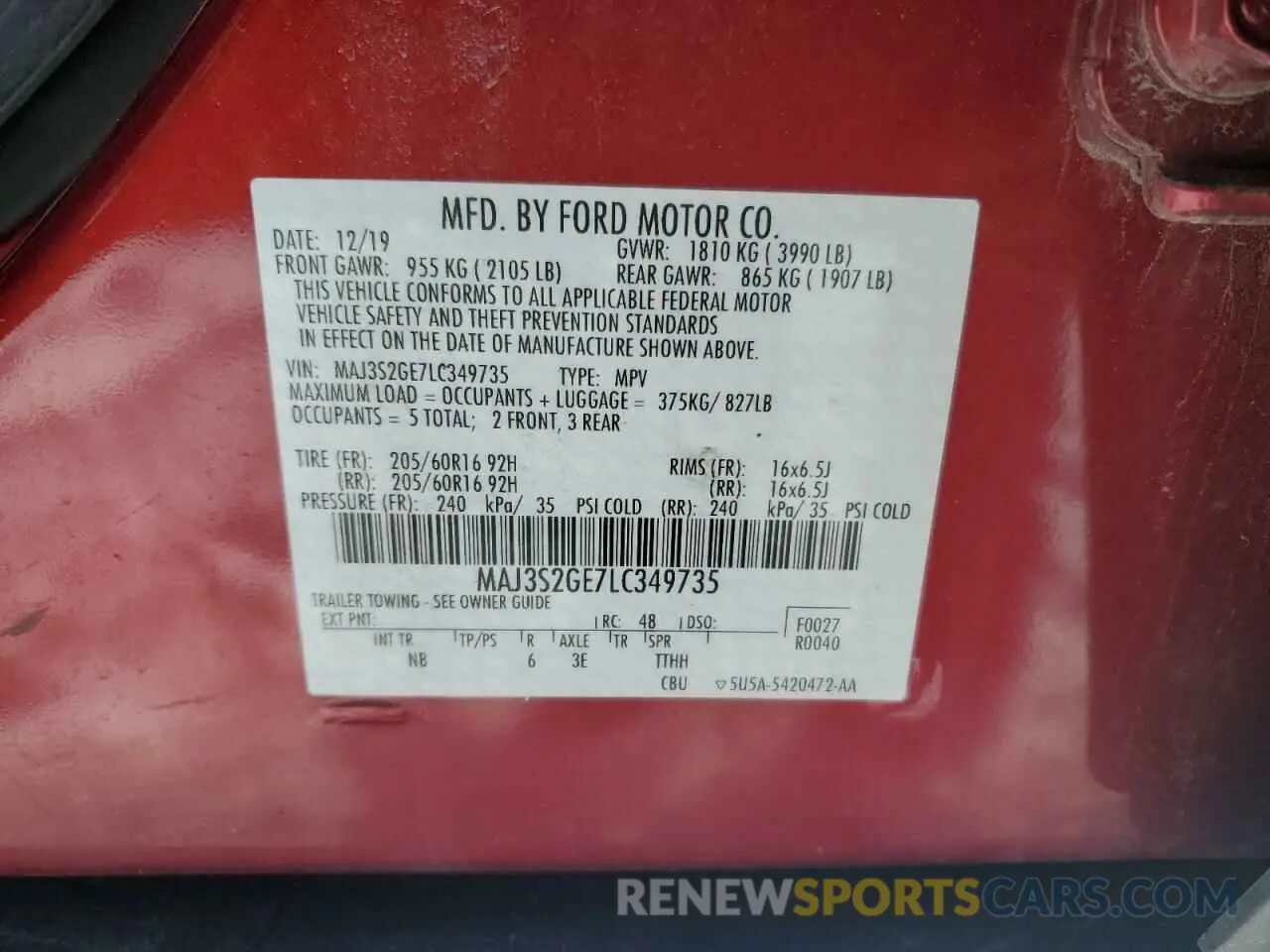 13 fotografías del automóvil dañado MAJ3S2GE7LC349735 FORD ECOSPORT 2020