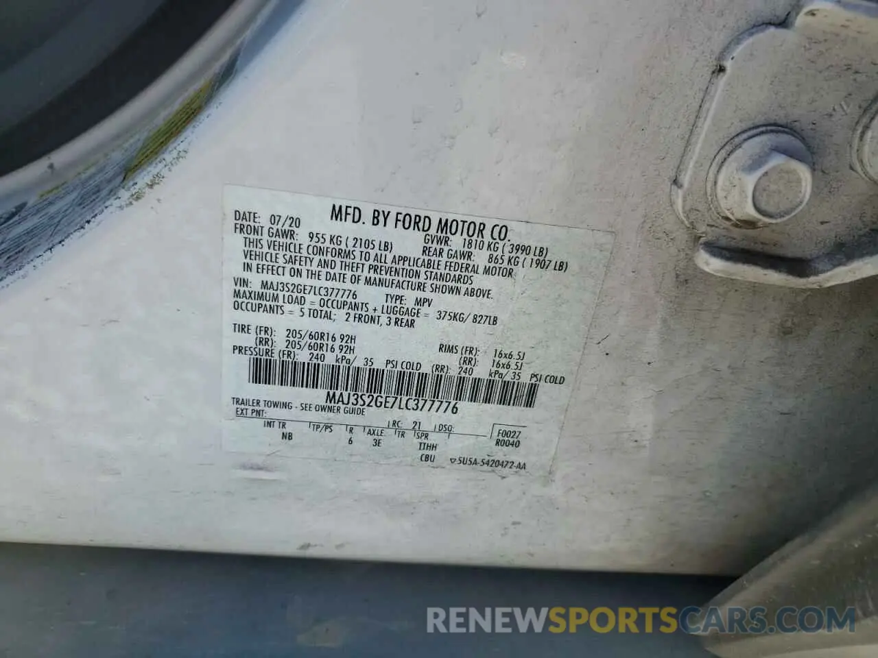 12 fotografías del automóvil dañado MAJ3S2GE7LC377776 FORD ECOSPORT 2020