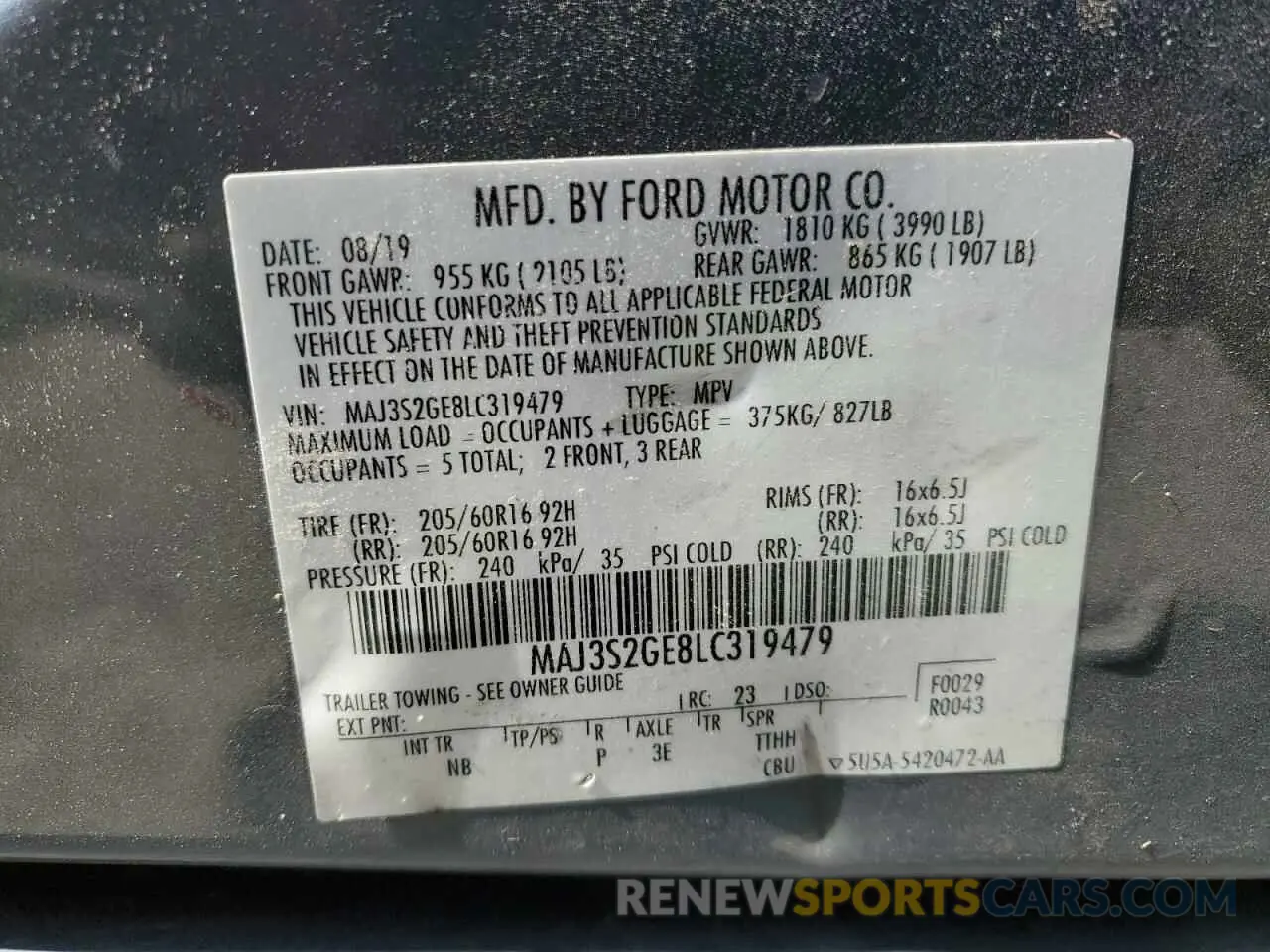 16 fotografías del automóvil dañado MAJ3S2GE8LC319479 FORD ECOSPORT 2020