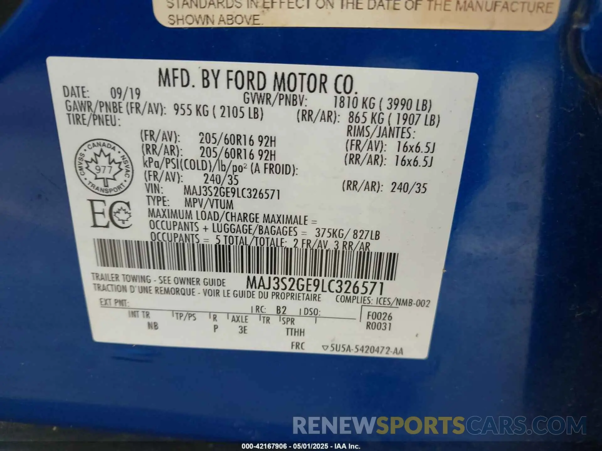 9 fotografías del automóvil dañado MAJ3S2GE9LC326571 FORD ECOSPORT 2020