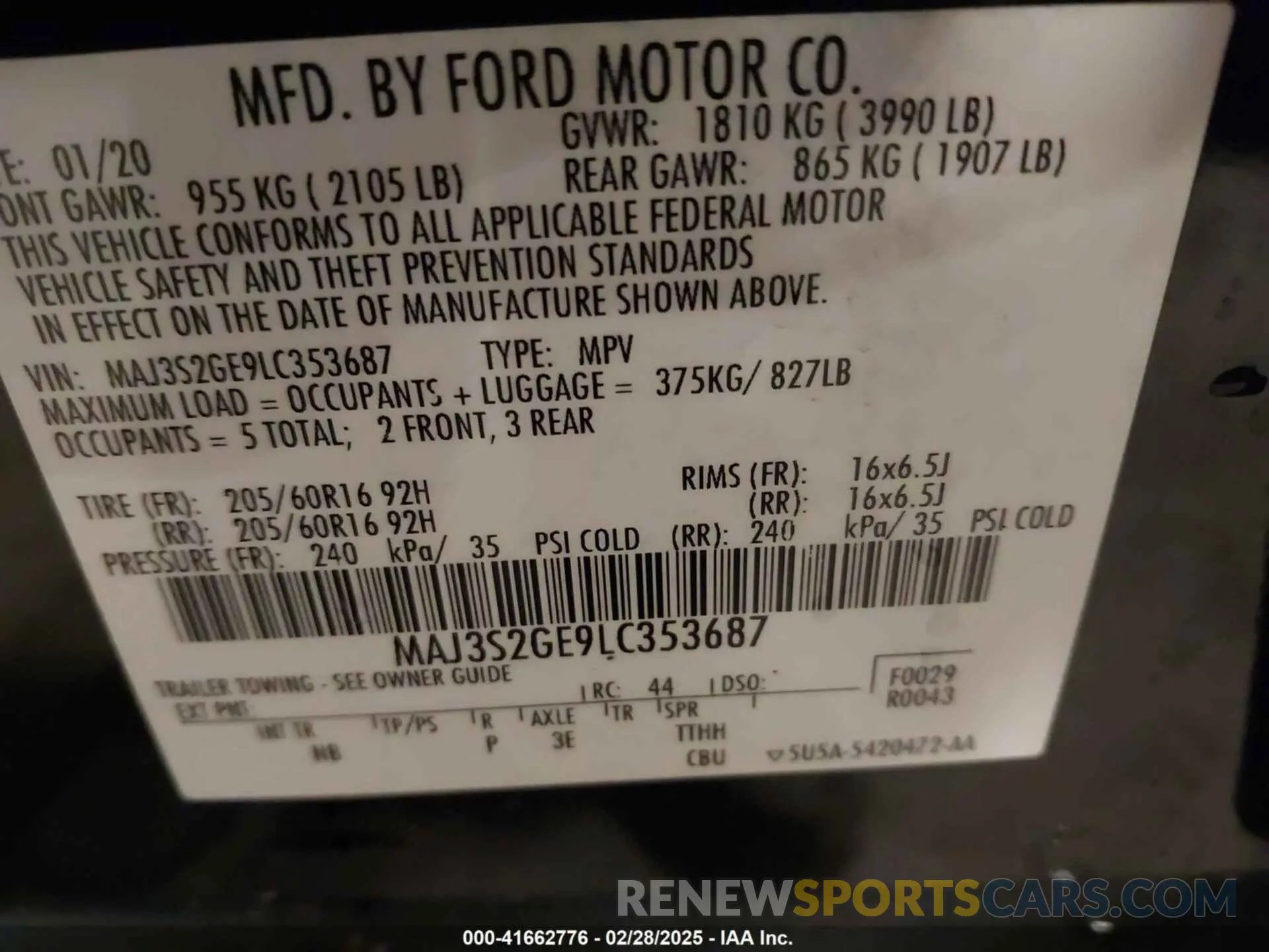 9 fotografías del automóvil dañado MAJ3S2GE9LC353687 FORD ECOSPORT 2020
