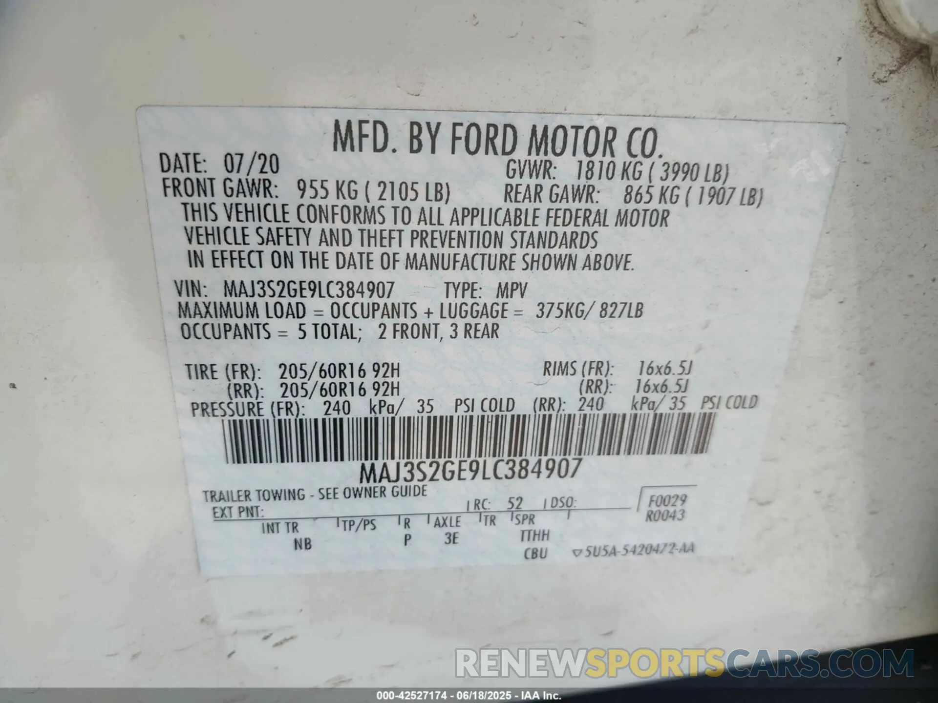 9 fotografías del automóvil dañado MAJ3S2GE9LC384907 FORD ECOSPORT 2020