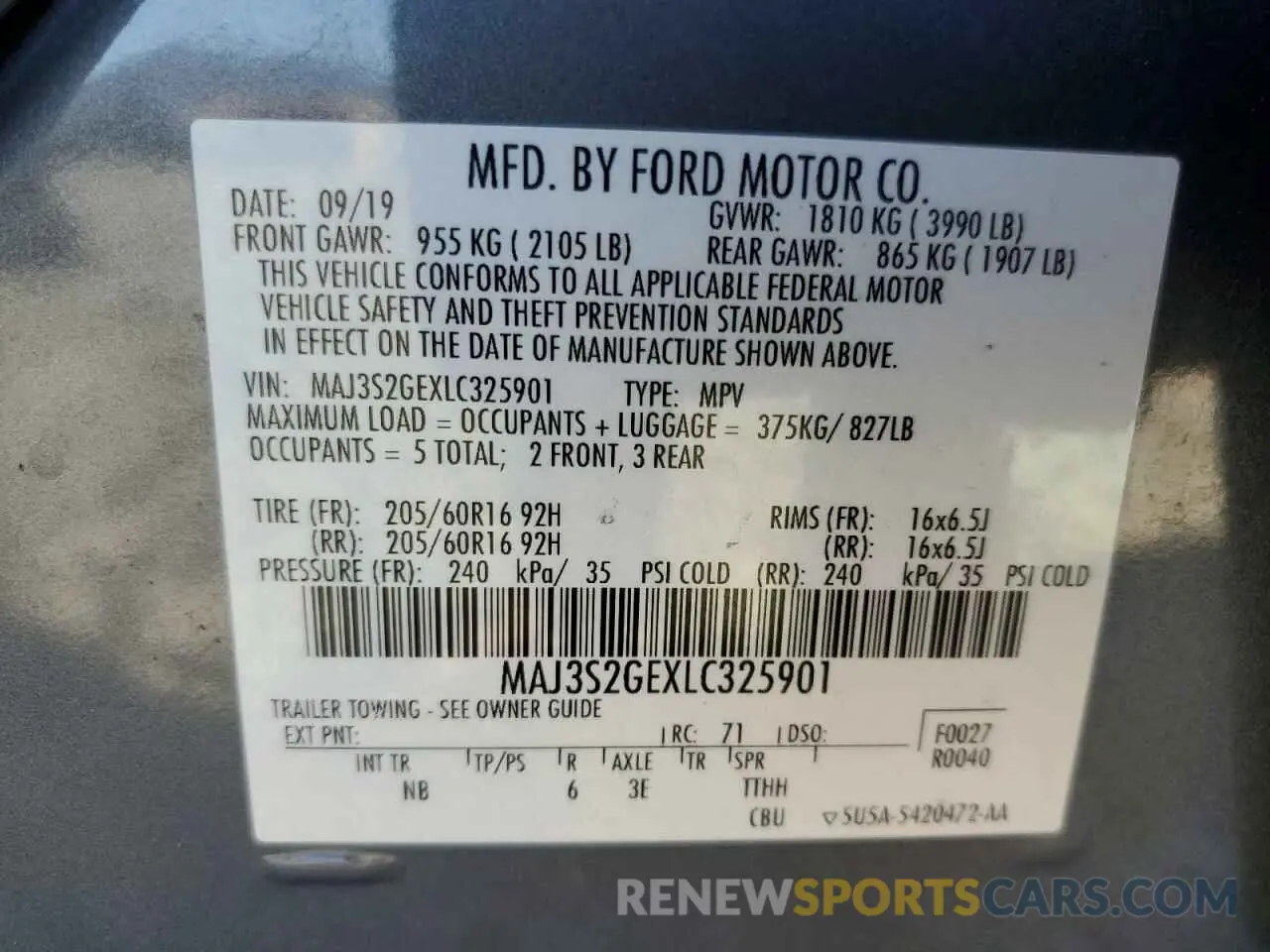 16 fotografías del automóvil dañado MAJ3S2GEXLC325901 FORD ECOSPORT 2020