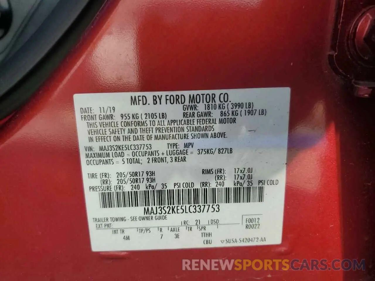 13 fotografías del automóvil dañado MAJ3S2KE5LC337753 FORD ECOSPORT 2020