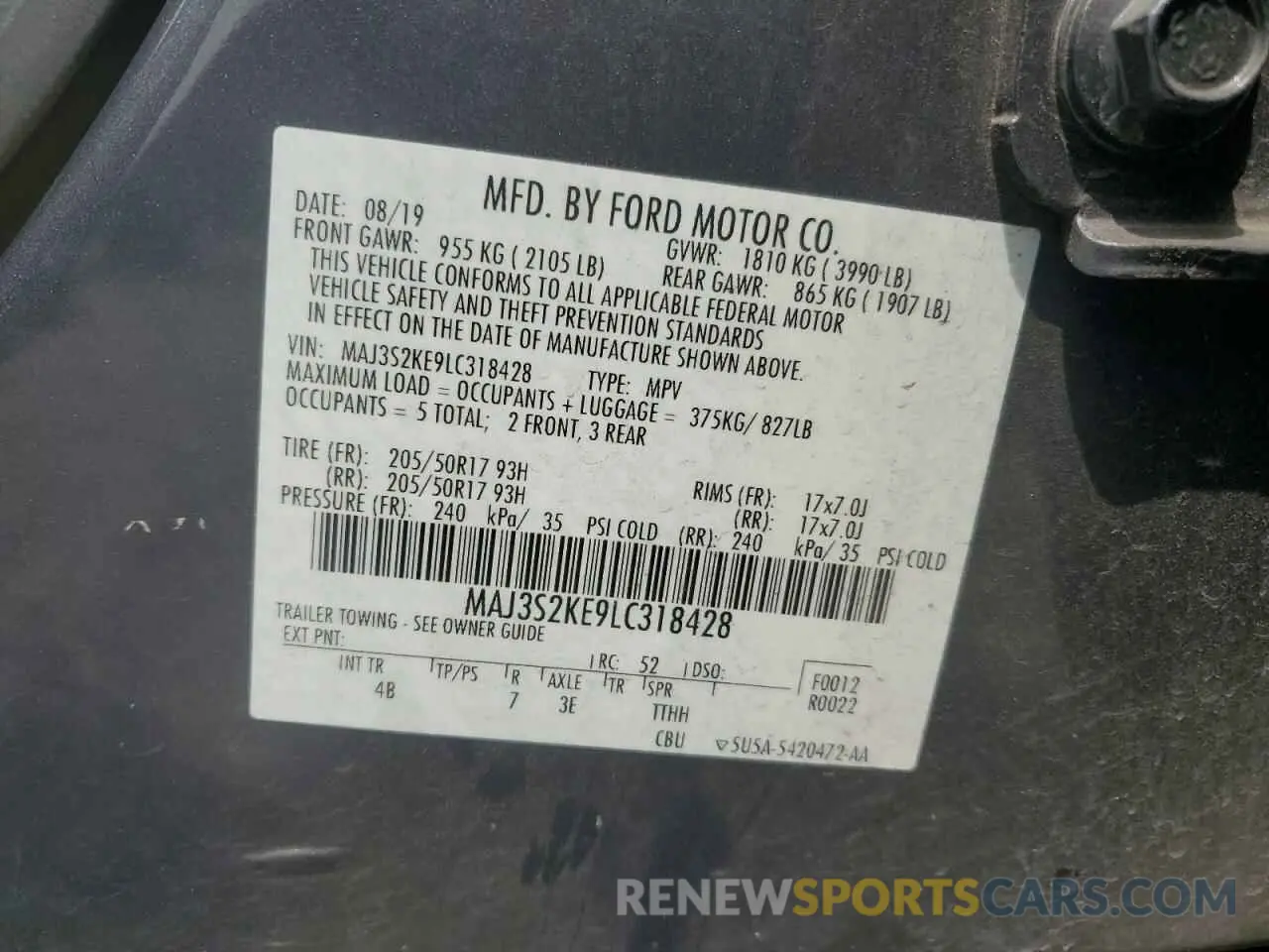 12 fotografías del automóvil dañado MAJ3S2KE9LC318428 FORD ECOSPORT 2020