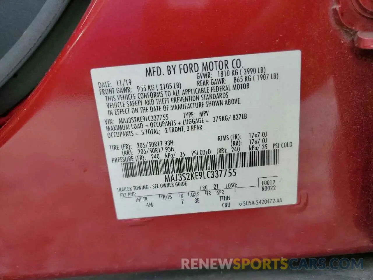 13 fotografías del automóvil dañado MAJ3S2KE9LC337755 FORD ECOSPORT 2020