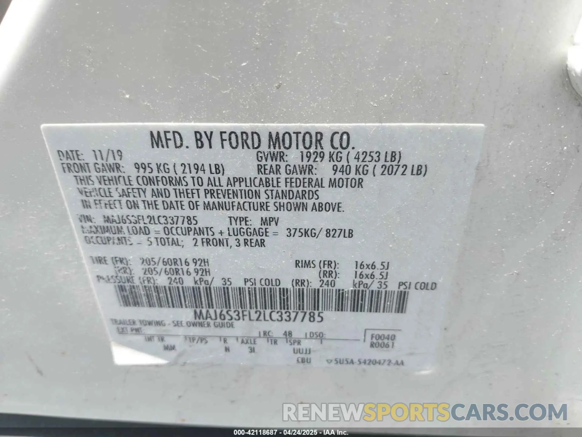 9 fotografías del automóvil dañado MAJ6S3FL2LC337785 FORD ECOSPORT 2020