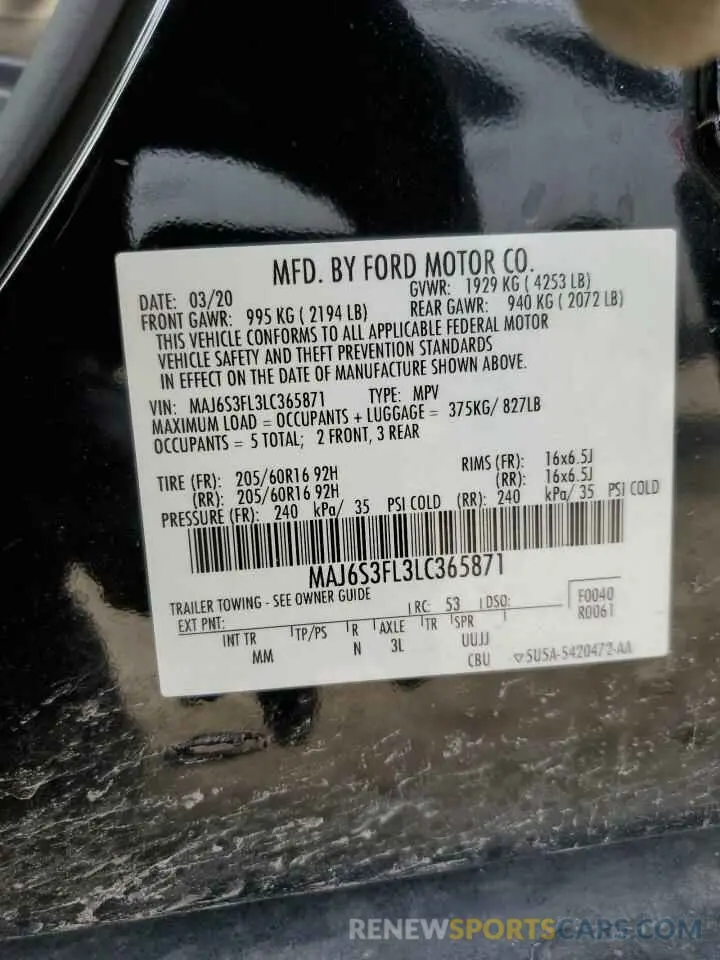 13 fotografías del automóvil dañado MAJ6S3FL3LC365871 FORD ECOSPORT 2020