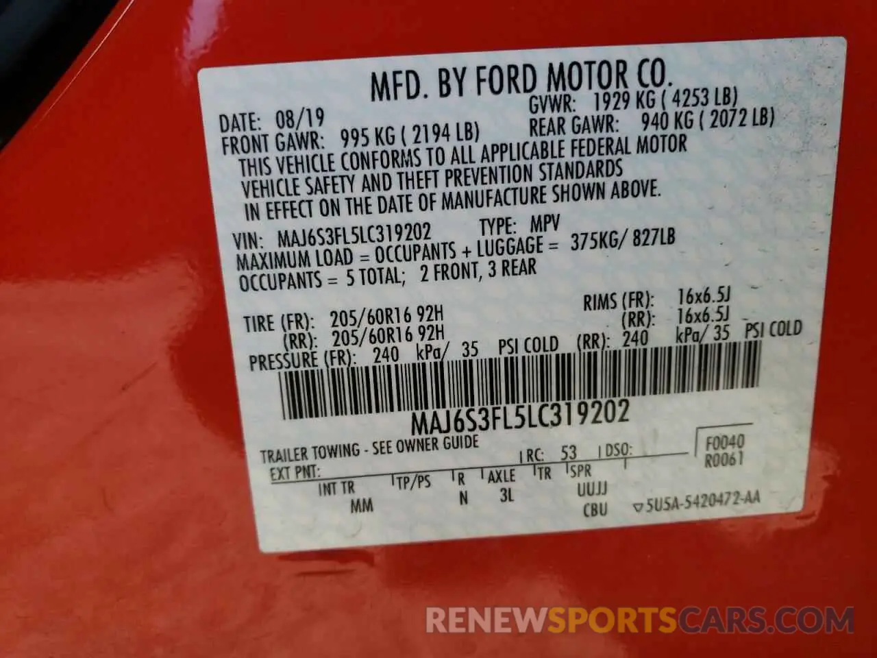10 fotografías del automóvil dañado MAJ6S3FL5LC319202 FORD ECOSPORT 2020