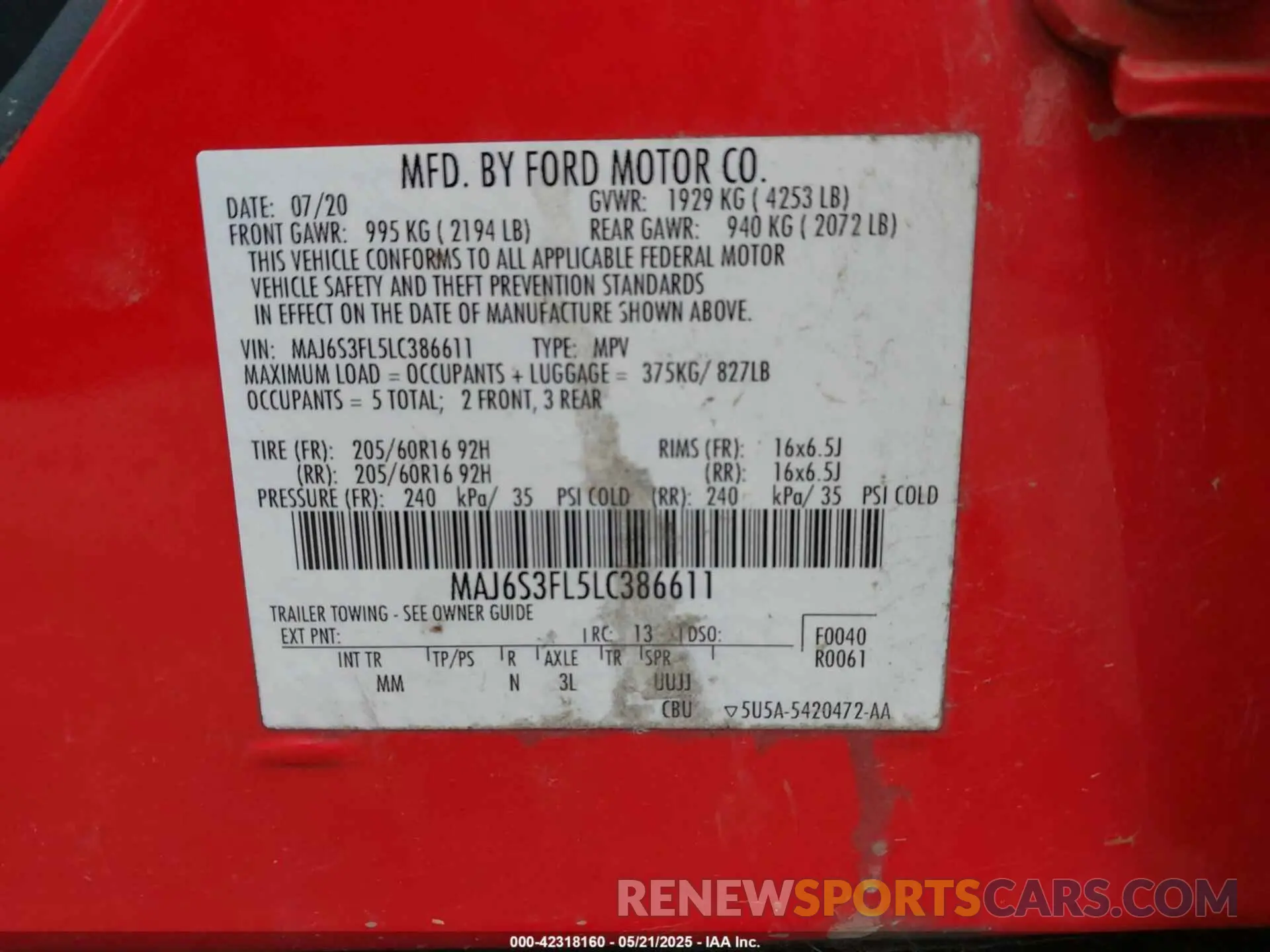 9 fotografías del automóvil dañado MAJ6S3FL5LC386611 FORD ECOSPORT 2020