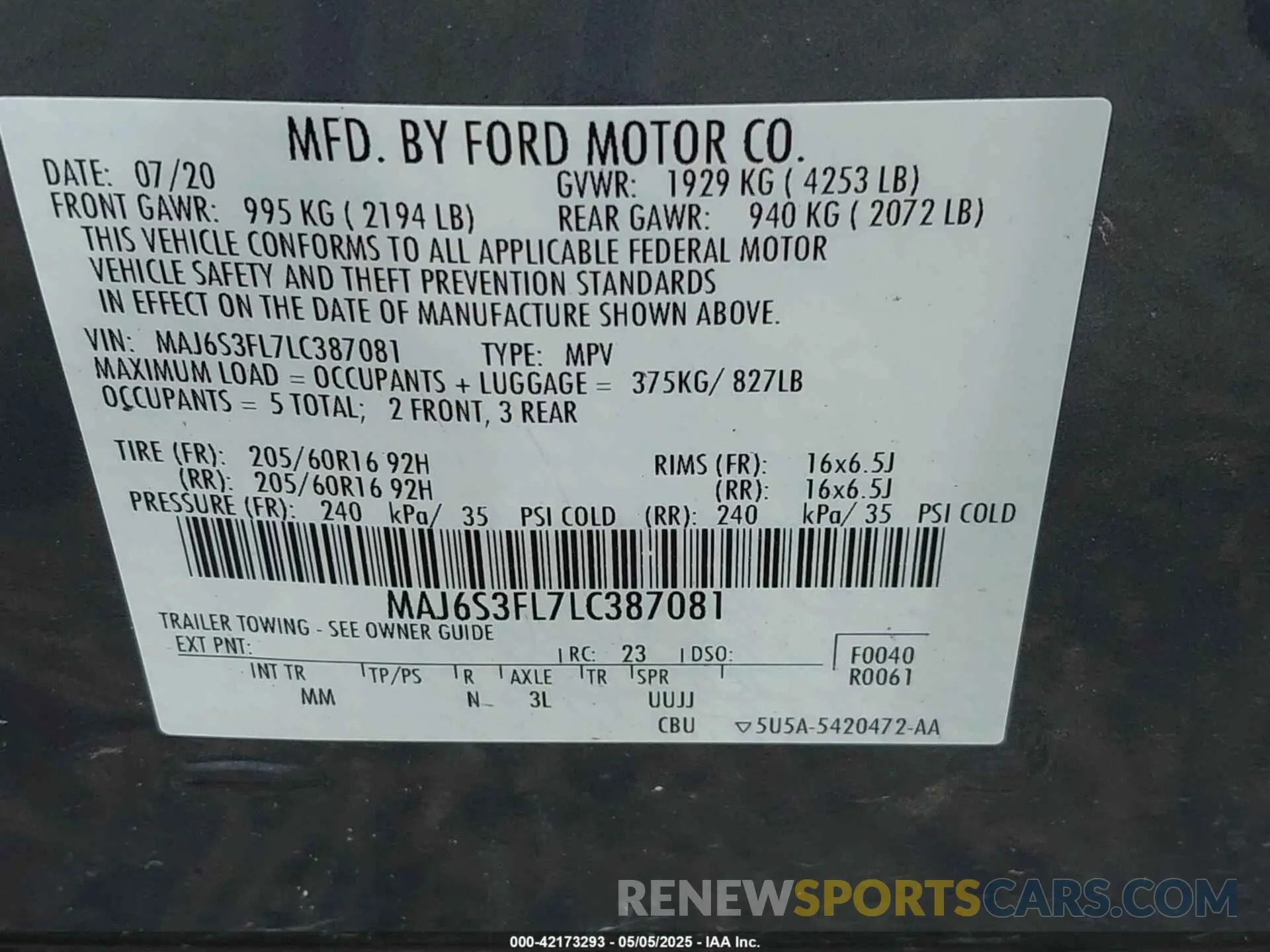 9 fotografías del automóvil dañado MAJ6S3FL7LC387081 FORD ECOSPORT 2020