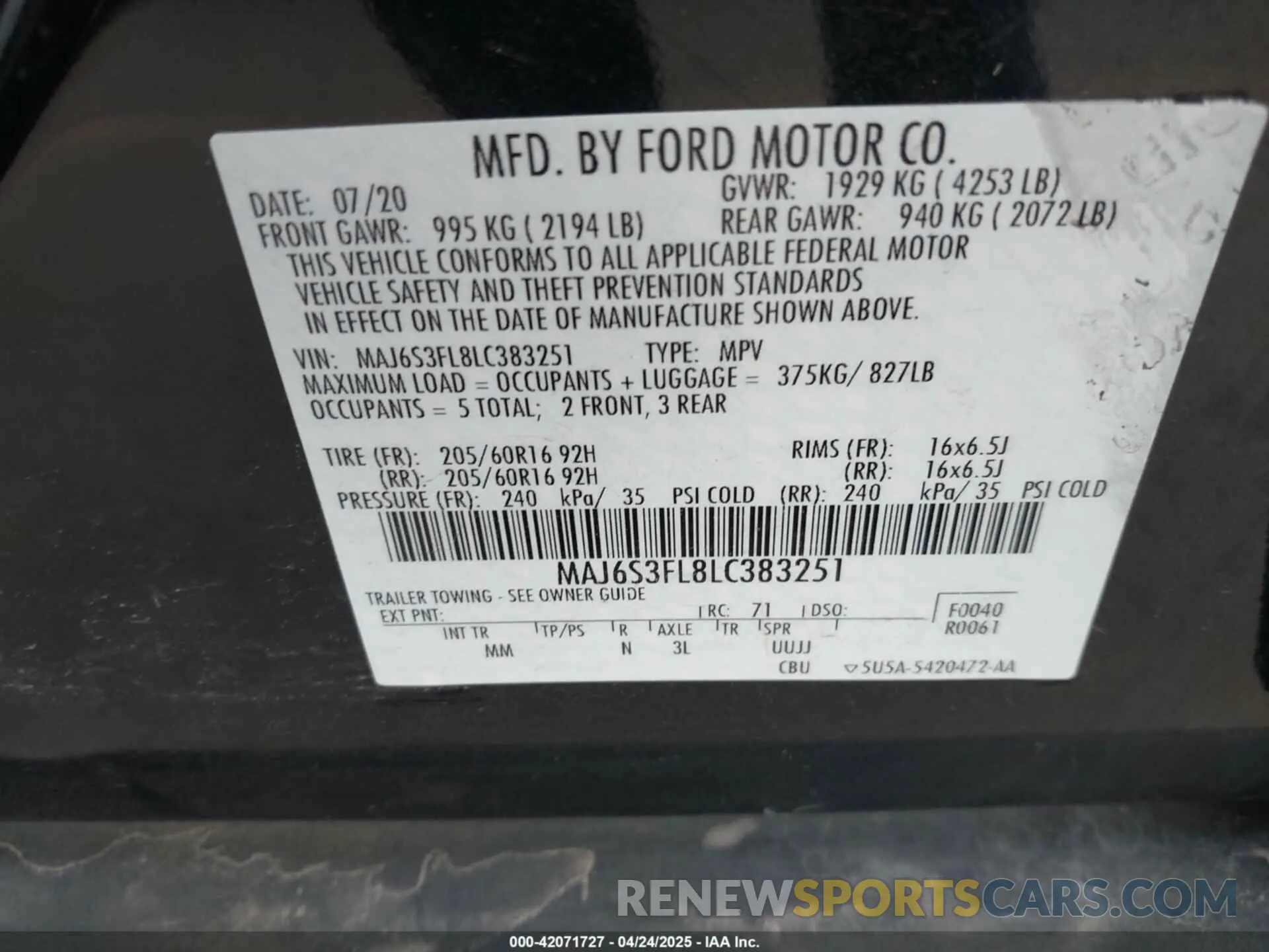 9 fotografías del automóvil dañado MAJ6S3FL8LC383251 FORD ECOSPORT 2020
